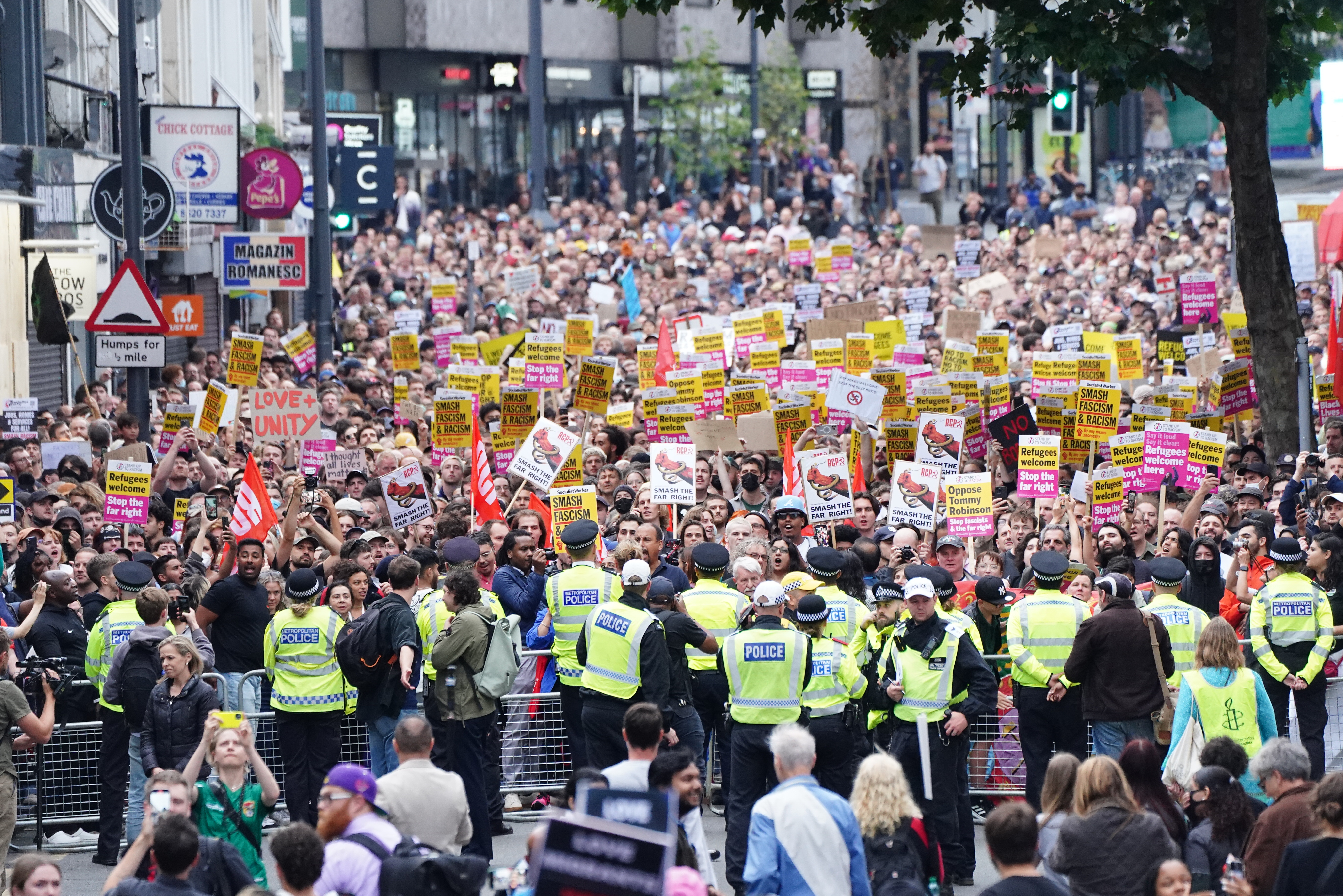 Counter protesters ahead of an anti-immigration protest in Walthamstow, London. Picture date: Wednesday August 7, 2024. (Photo by PA Wire/PA Images via Getty Images)