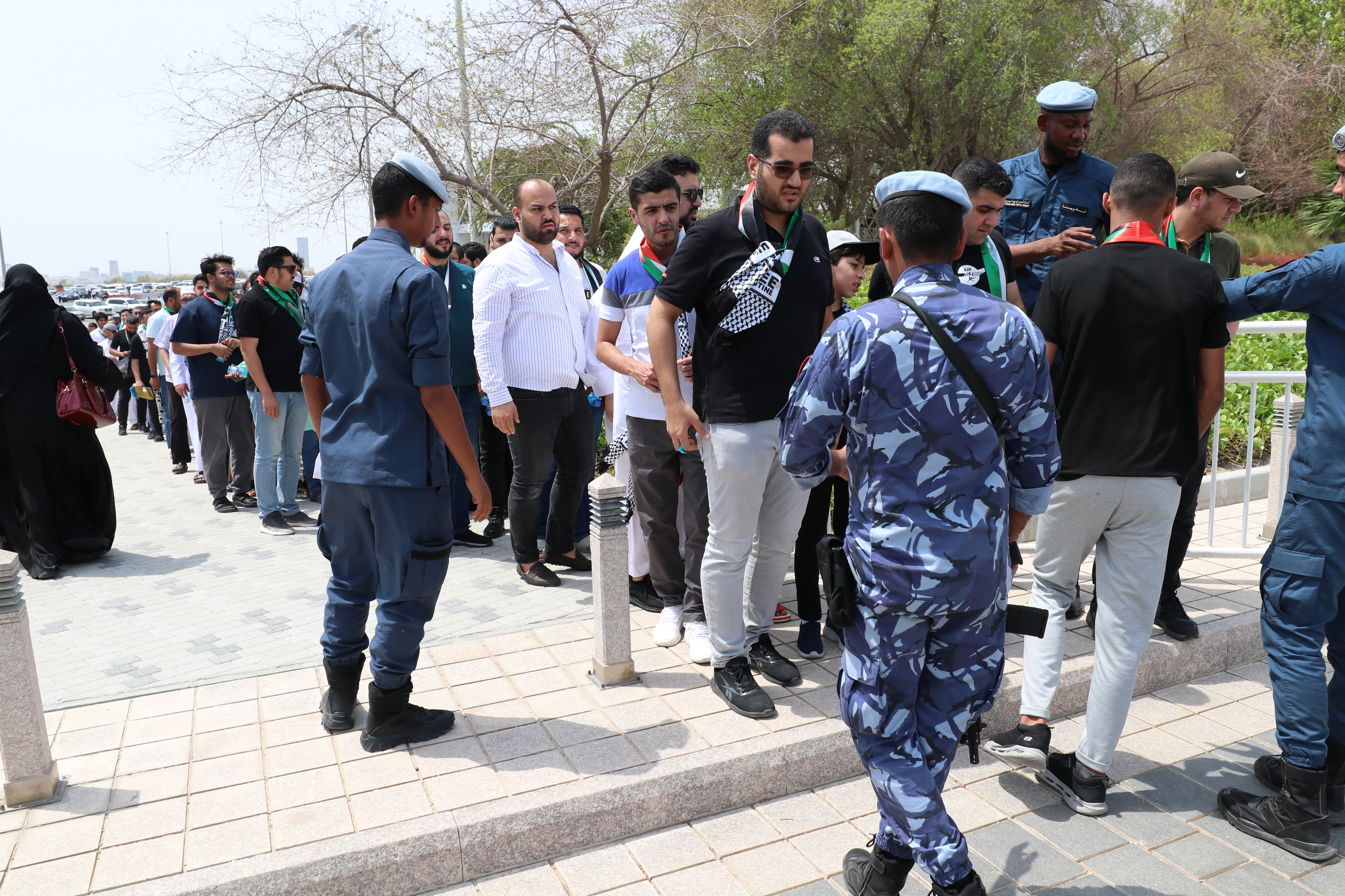 People gather at Imam Muhammad ibn Abd al-Wahhab Mosque in Doha for Friday prayer before the burial of Hamas leader Ismail Haniyeh