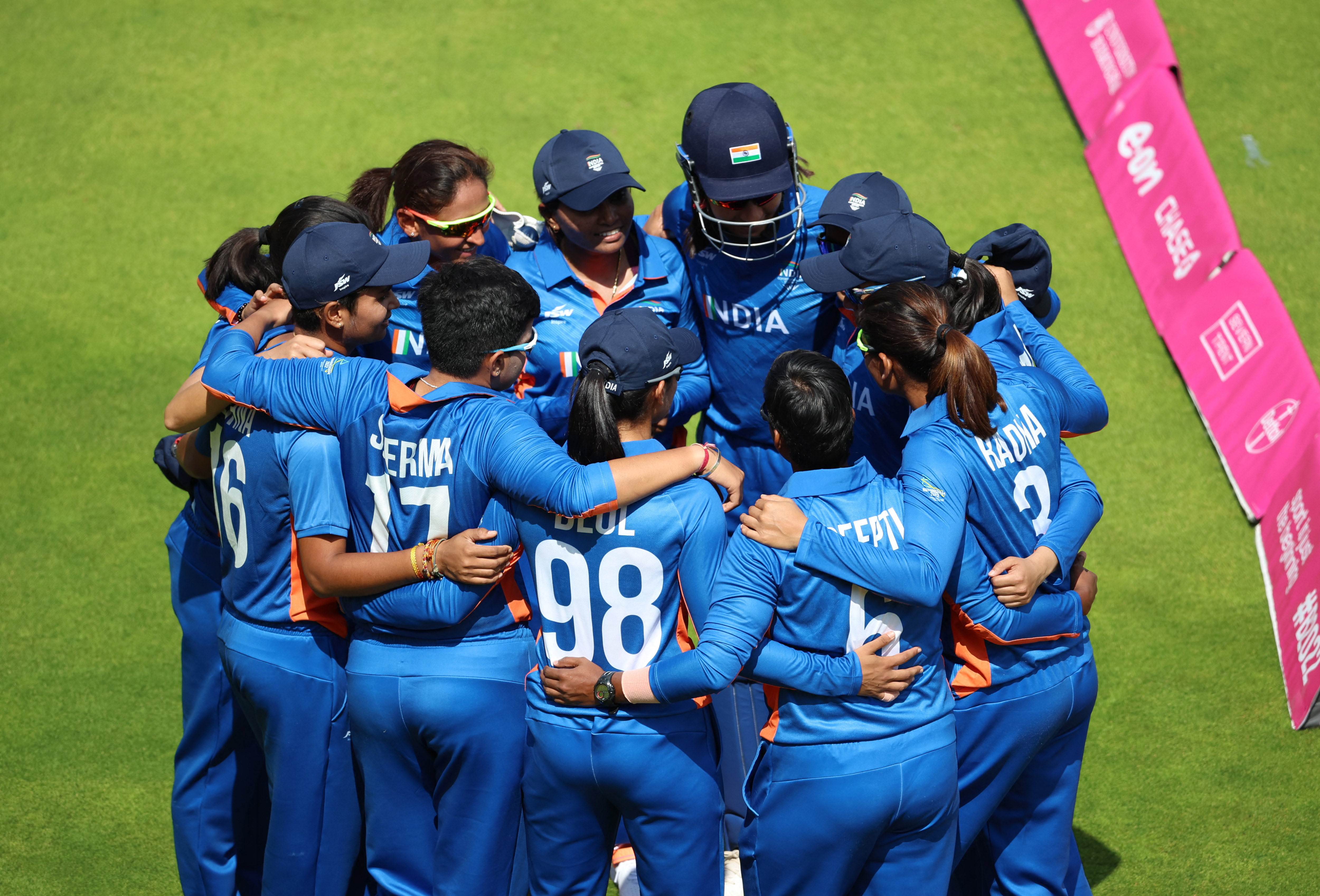 Commonwealth Games - Women's Cricket T20 - Group A - Australia v India - Edgbaston Stadium, Birmingham, Britain - July 29, 2022 India players huddle before they field REUTERS/Phil Noble