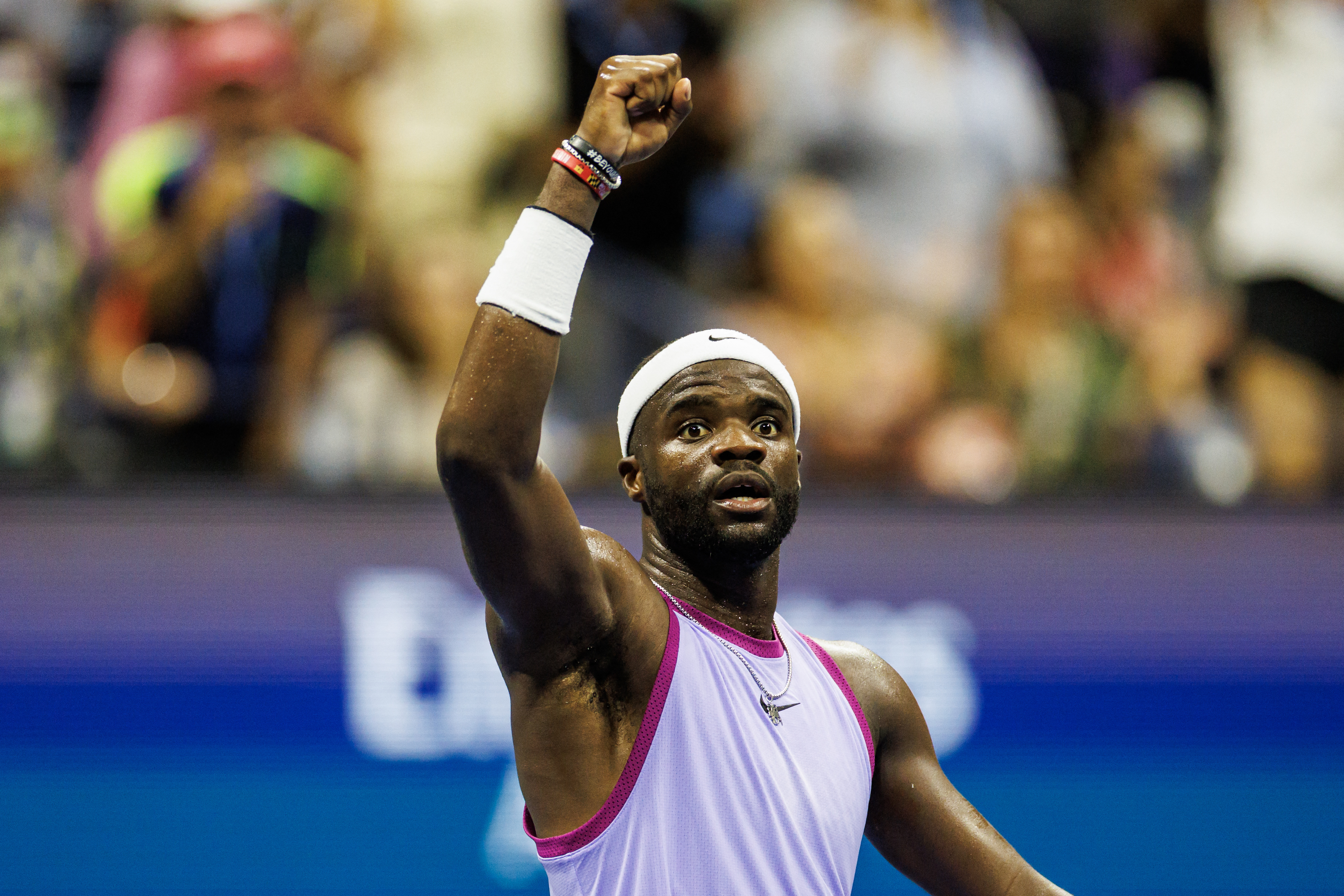 Sep 01, 2024; Flushing, NY, USA; Frances Tiafoe (USA) celebrates his victory over Alexei Popyrin (AUS) on day seven of the 2024 U.S. Open tennis tournament at the USTA Billie Jean King National Tennis Center. Mandatory Credit: Mike Frey-USA TODAY Sports
