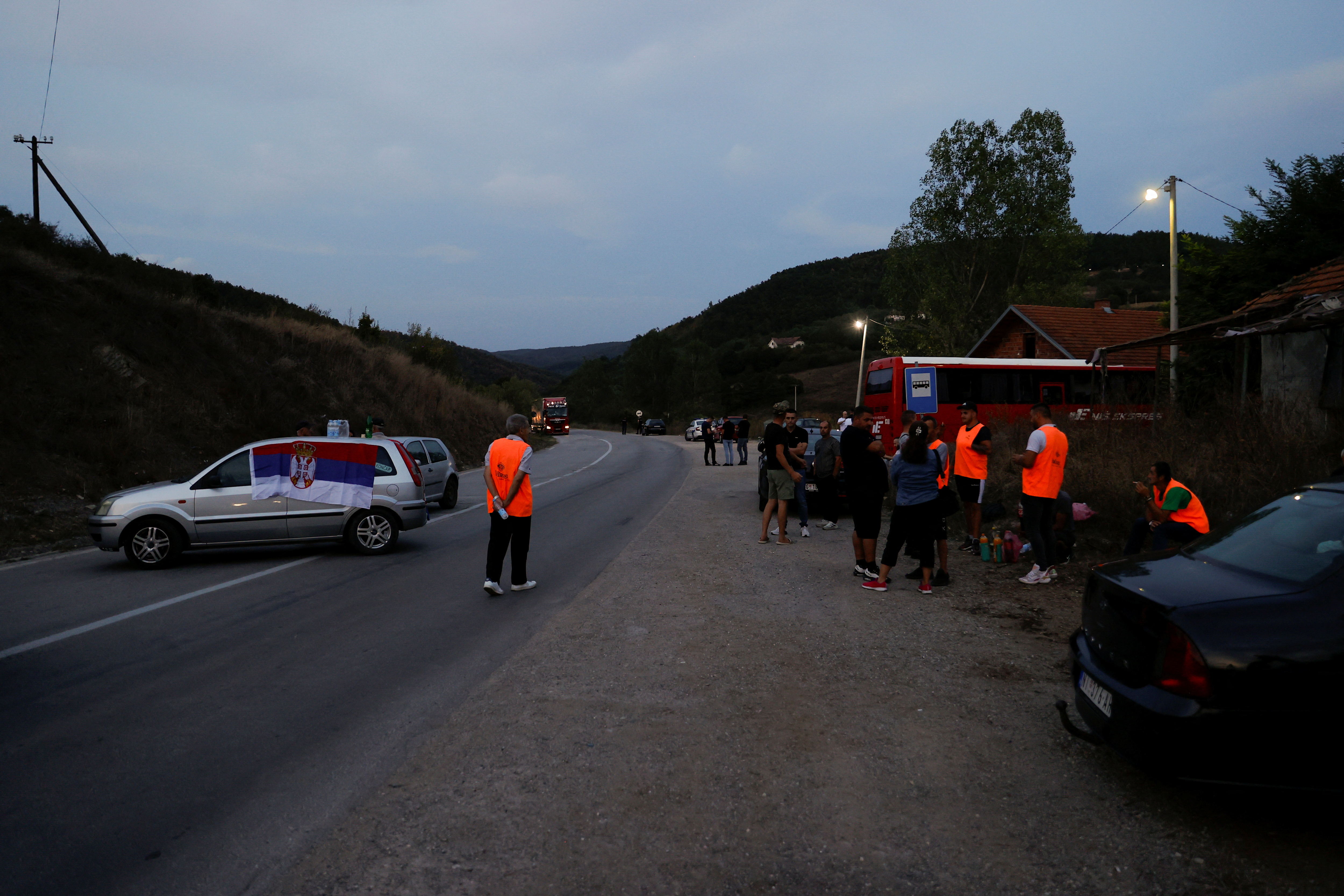Protestors gather to partially block the road near the main Kosovo-Serbia border crossing in Merdare, Serbia September 6, 2024. REUTERS/Valdrin Xhemaj