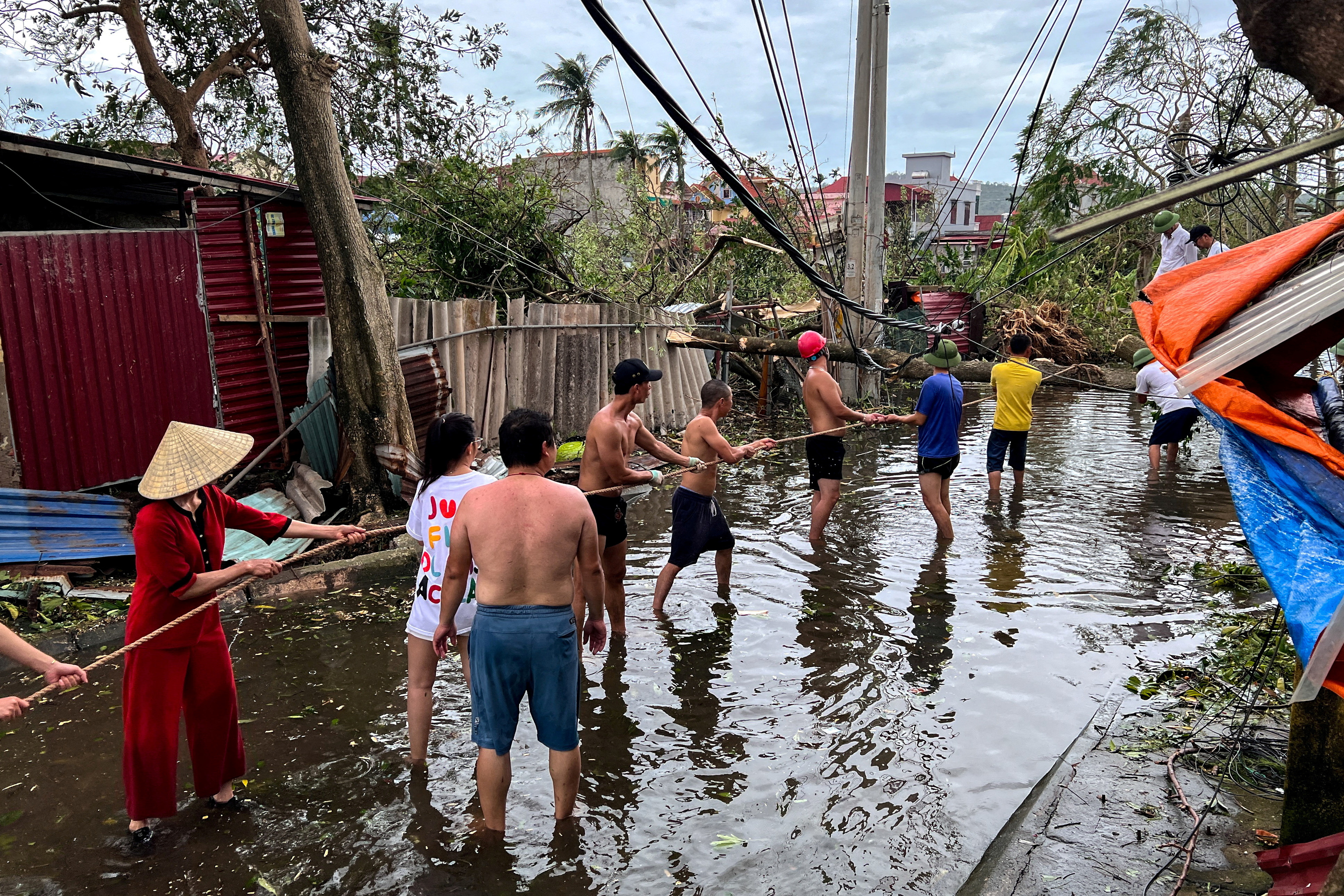 People remove fallen trees in Vietnam typhoon