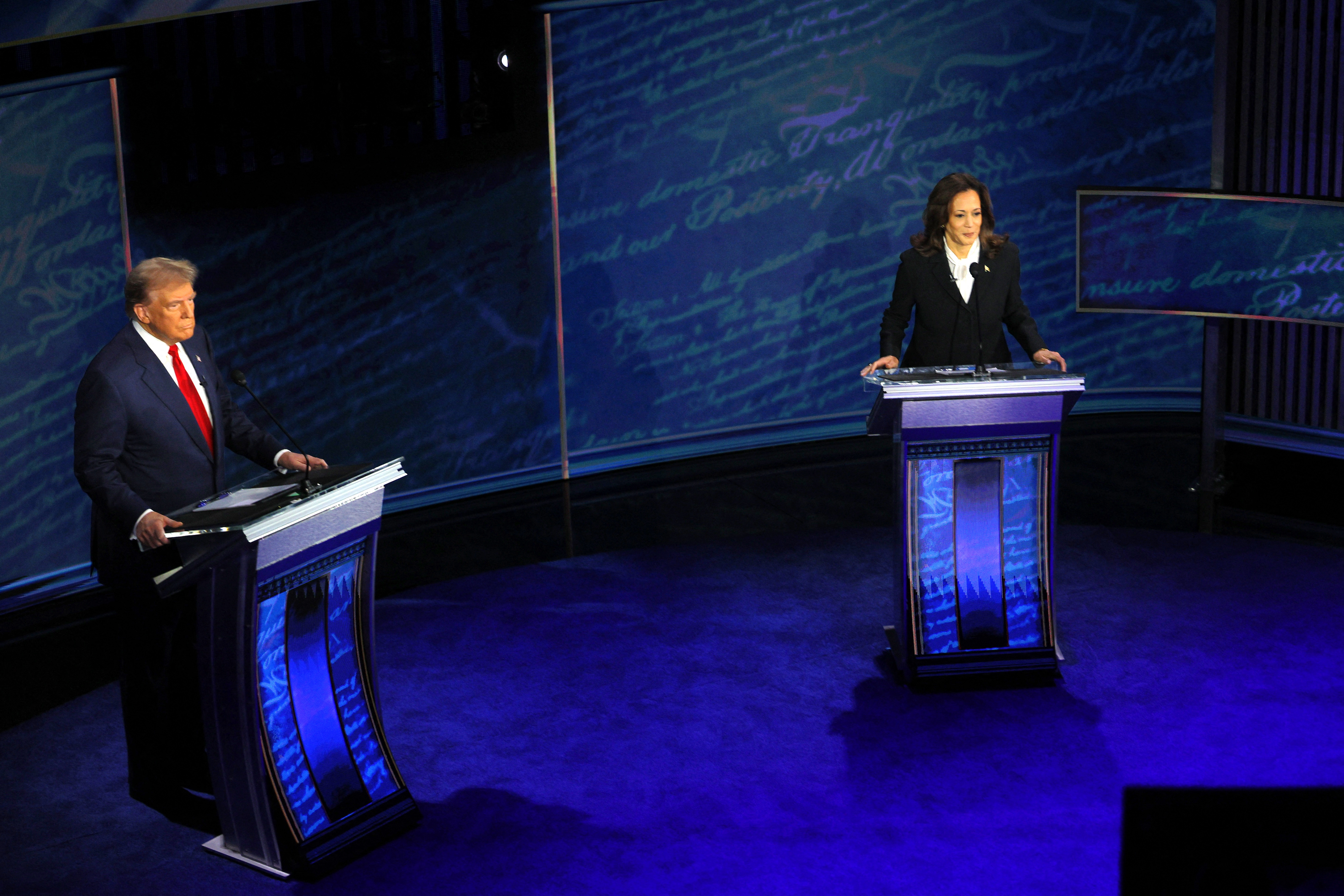 Kamala Harris and Donald Trump on stage during the debate