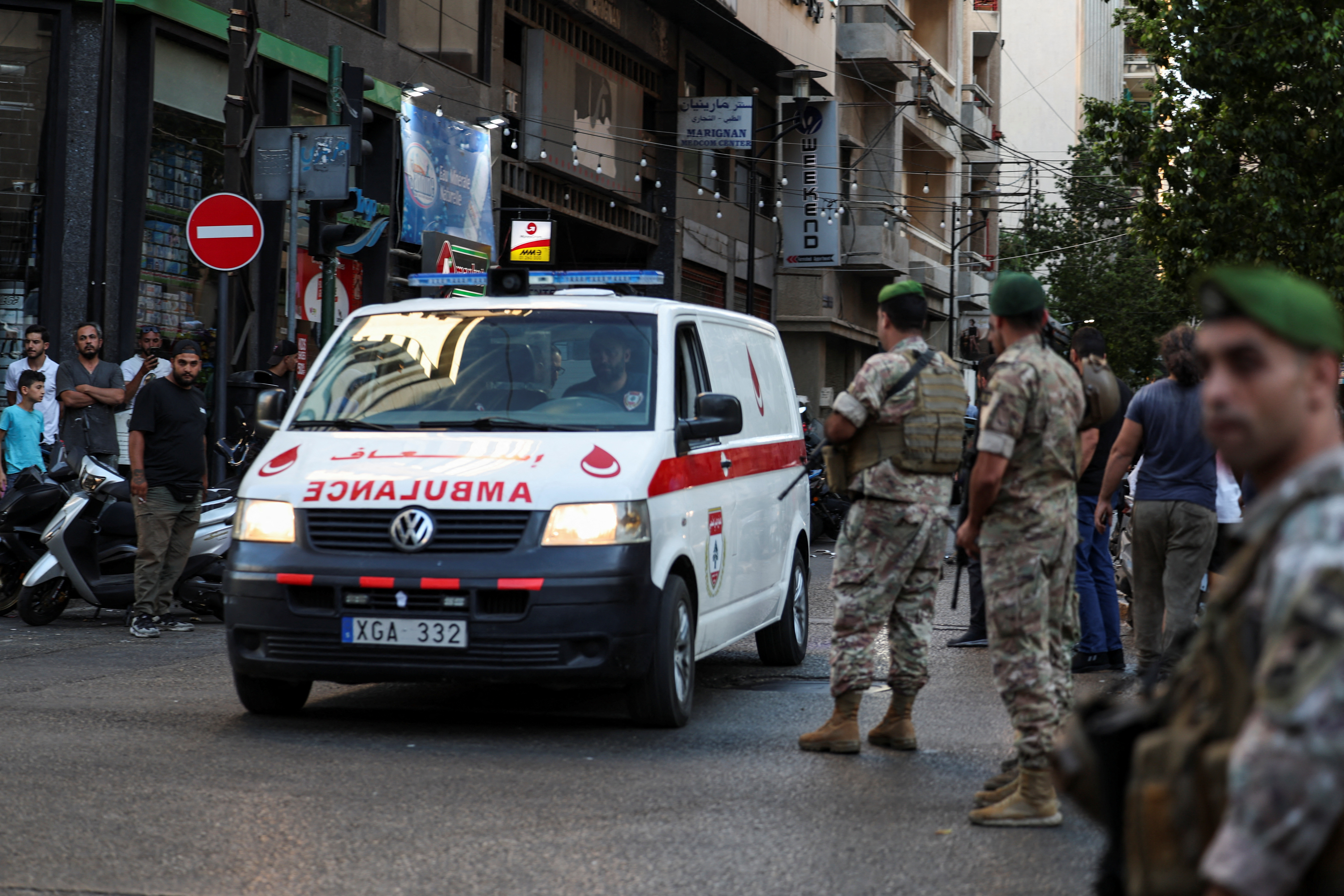 An ambulance arrives to American University of Beirut Medical Center
