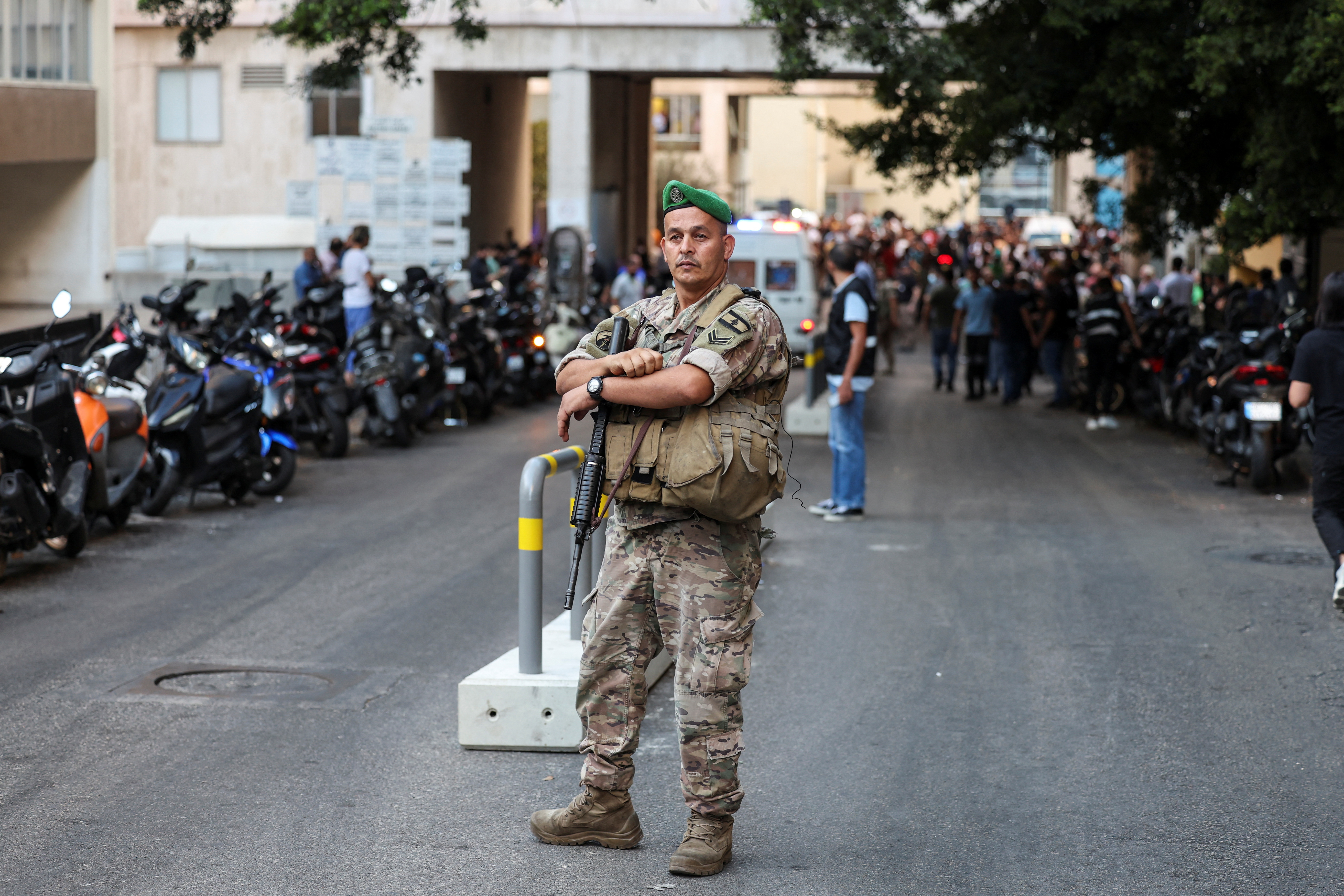 A soldier looks on near American University of Beirut Medical Center