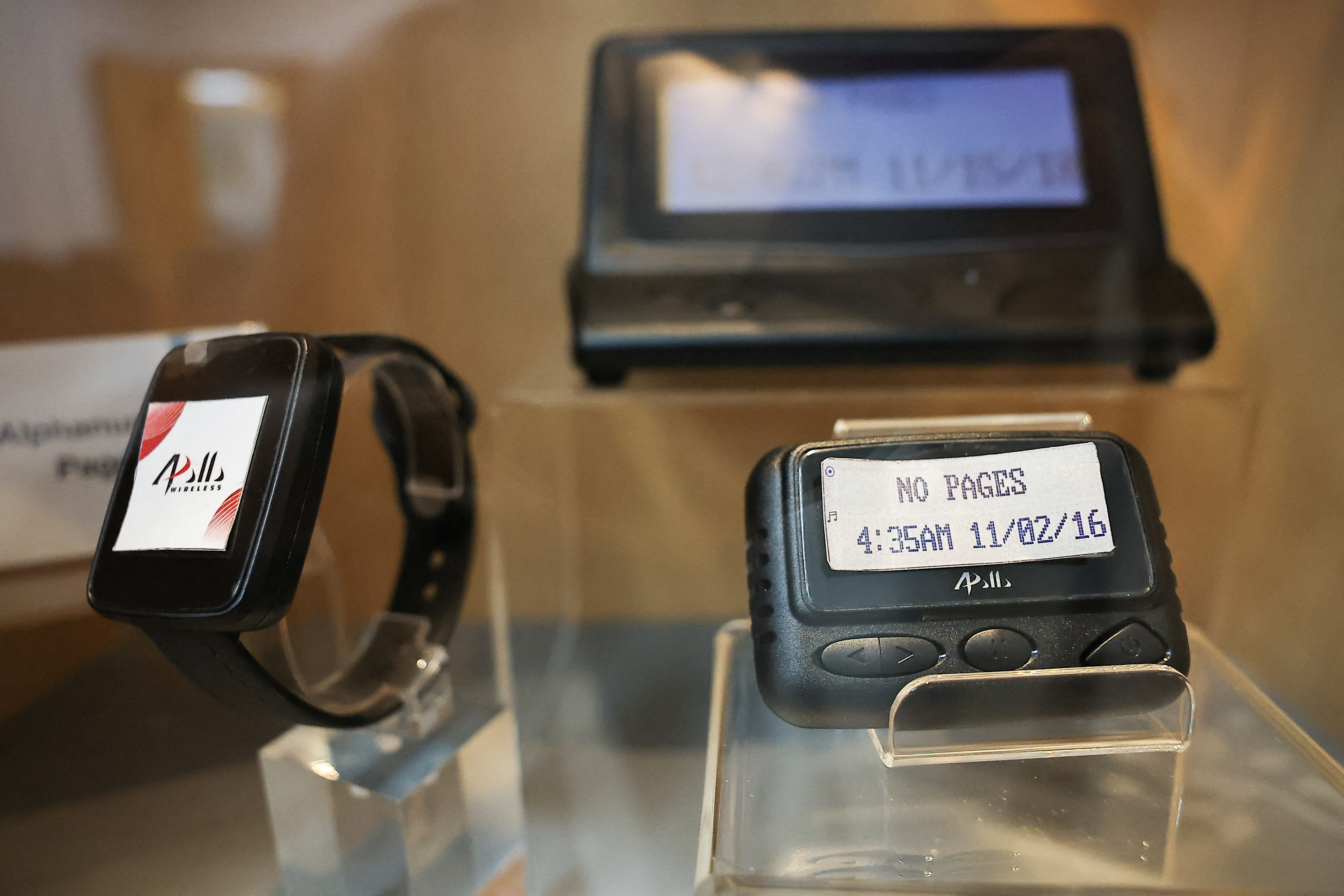 Pagers on display at a meeting room at the Gold Apollo company building in New Taipei City, Taiwan,