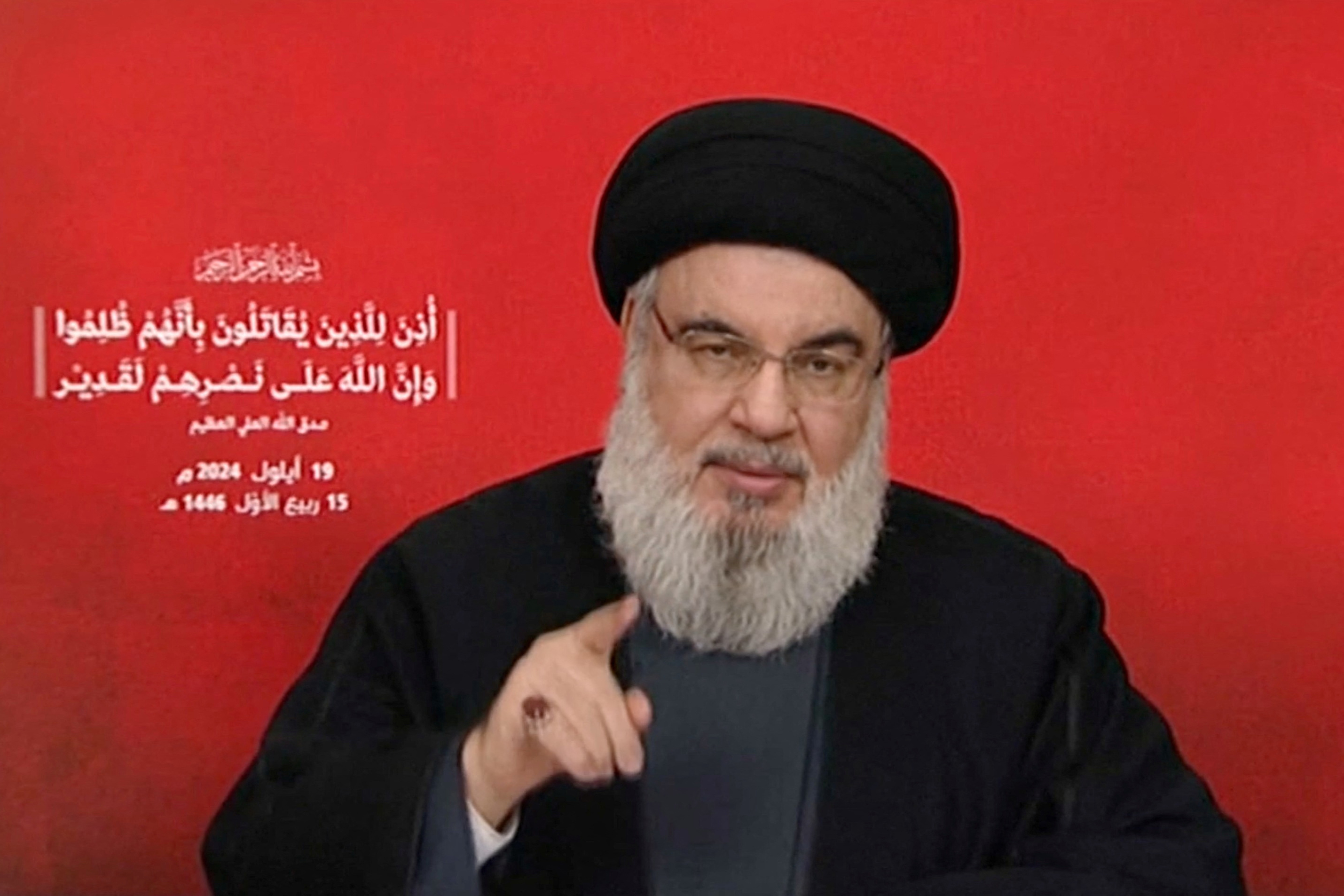 Hezbollah leader Sayyed Hassan Nasrallah gives a televised address