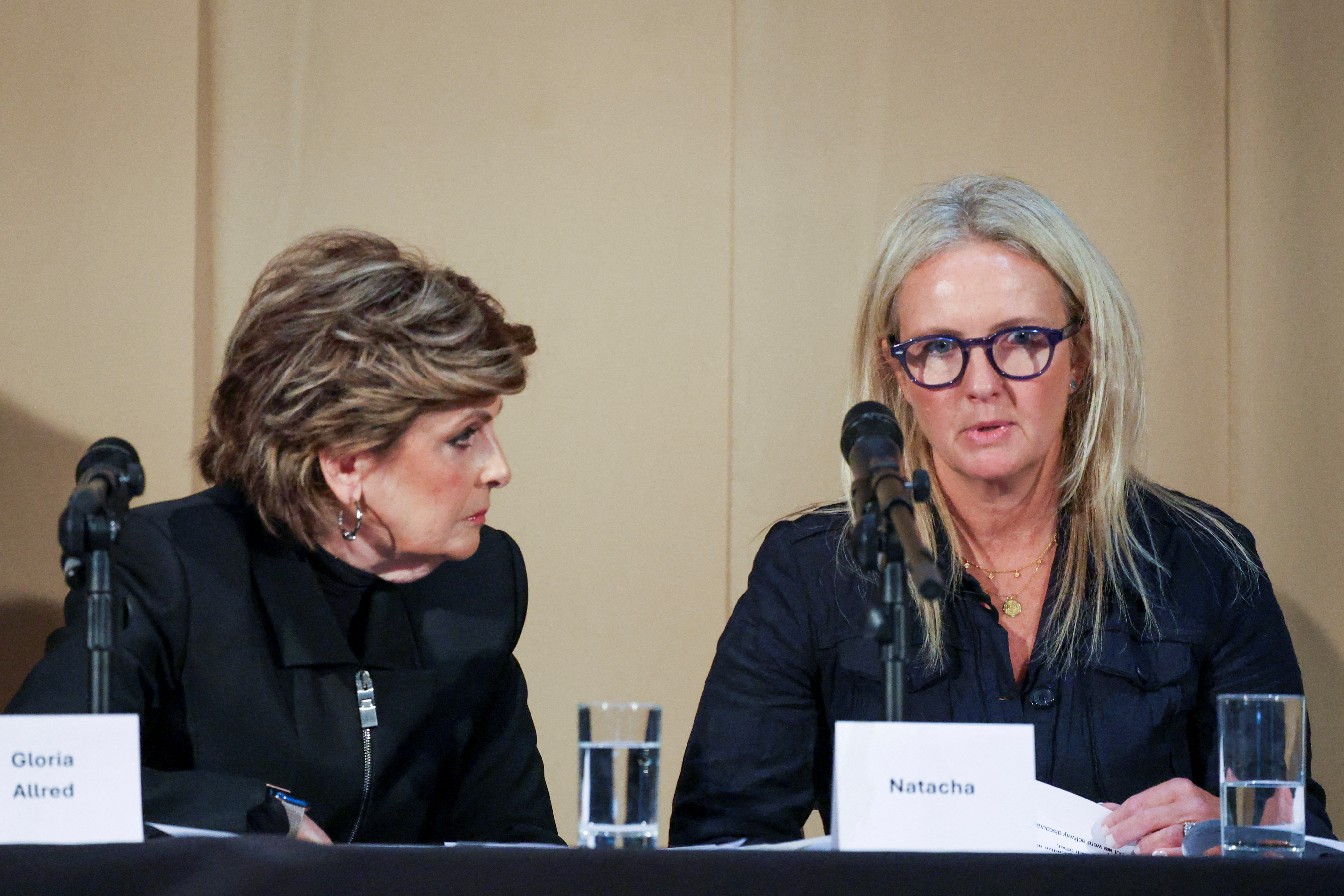 Attorney Gloria Allred and survivor Natacha attend a press conference about the BBC documentary, "Al-Fayed: Predator at Harrods", in London