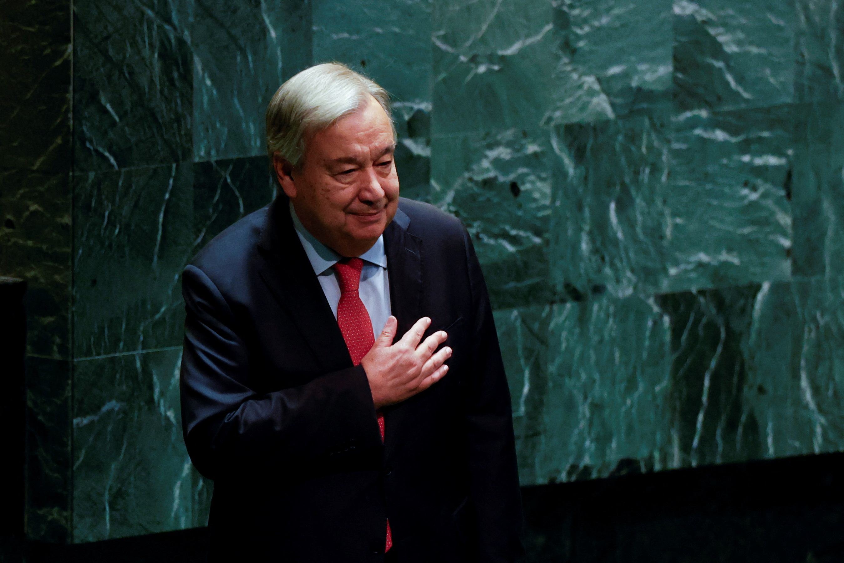 United Nations Secretary-General Antonio Guterres gestures during the 79th United Nations General Assembly at UN headquarters in New York, US [File: Shannon Stapleton/Reuters]