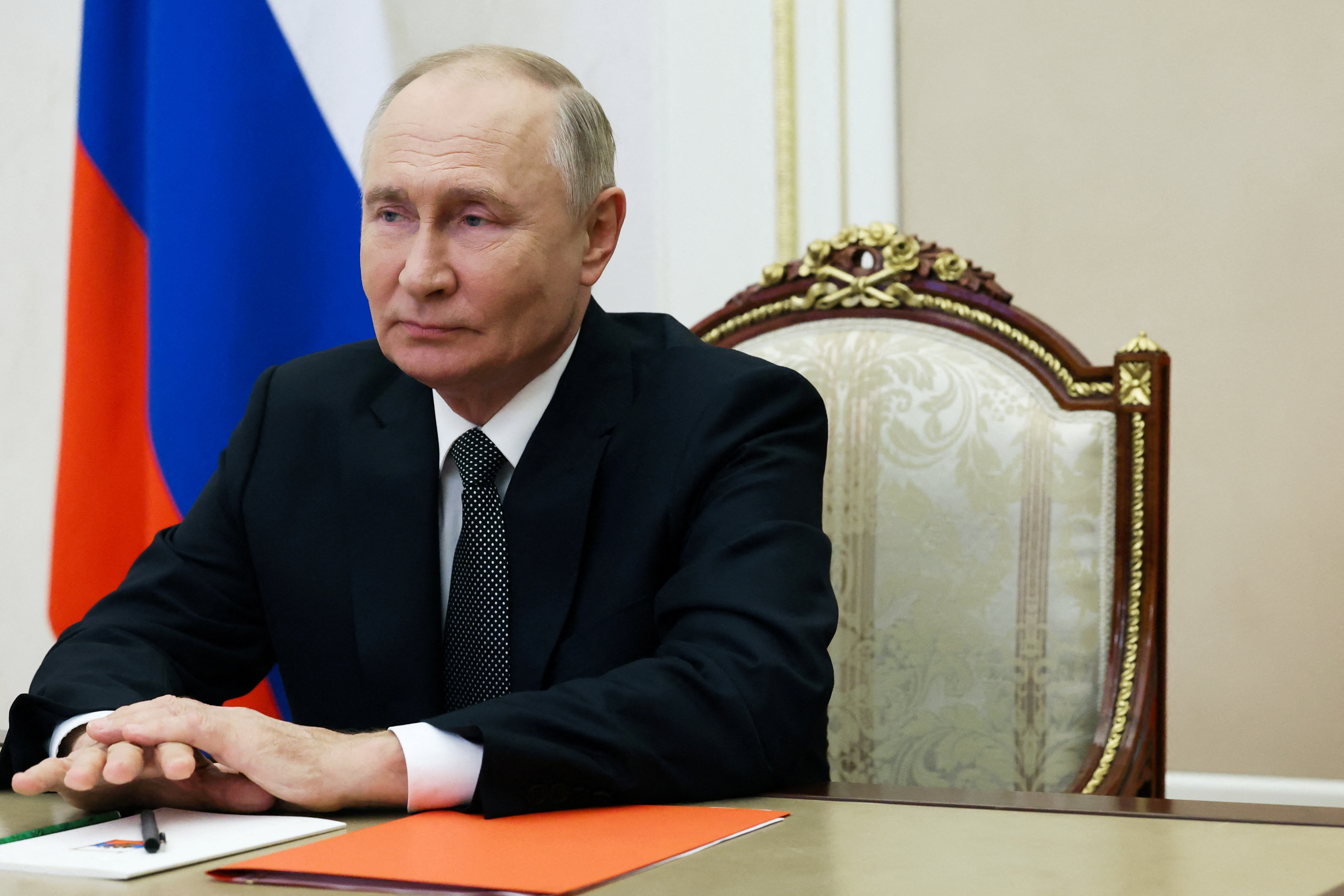 Russian President Vladimir Putin chairs a meeting with members of the Security Council via video link in Moscow, Russia, September 27, 2024. Sputnik/Sergei Ilyin/Kremlin via REUTERS ATTENTION EDITORS - THIS IMAGE WAS PROVIDED BY A THIRD PARTY.