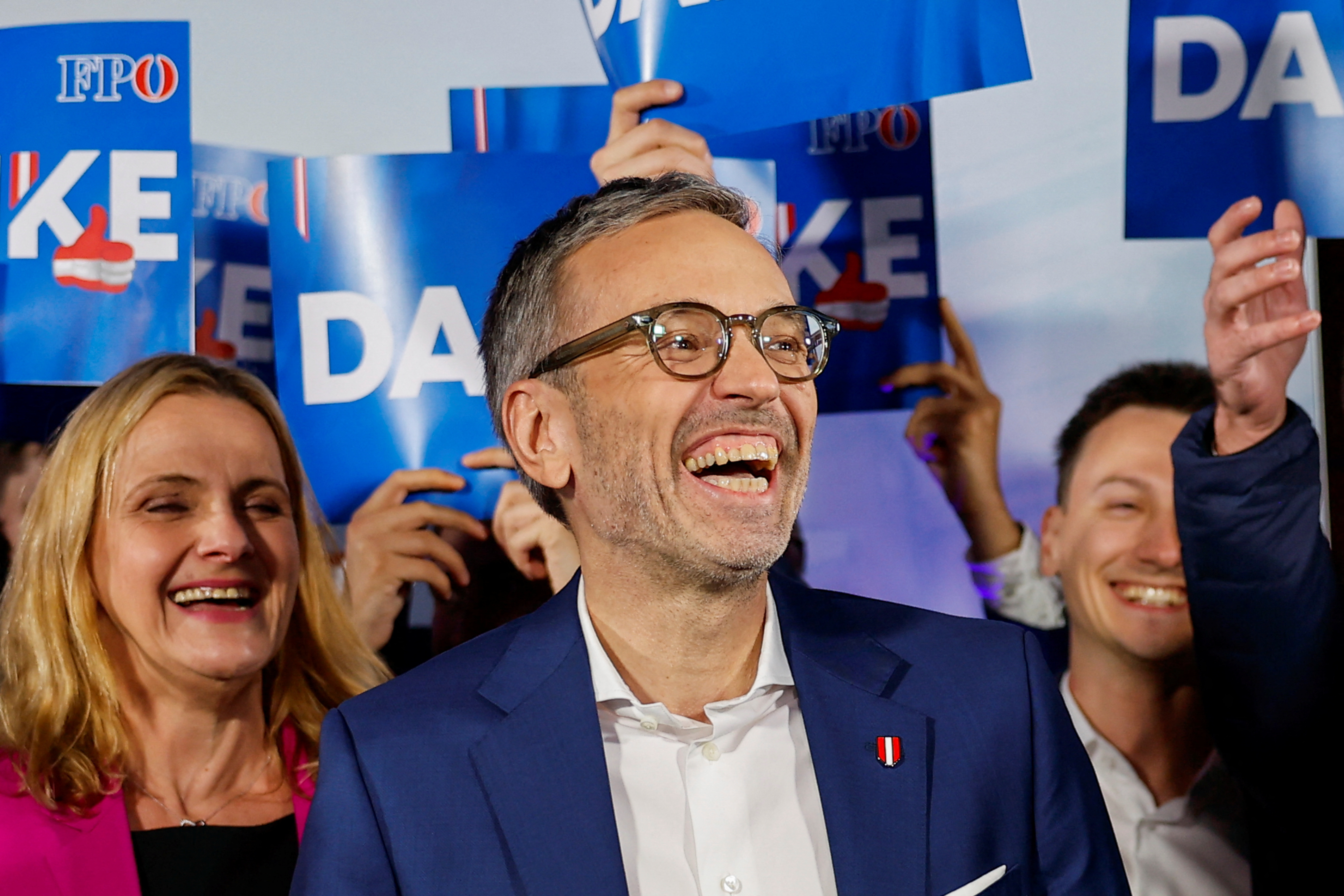 The head of Freedom Party Herbert Kickl, He is smiling and looks very happy