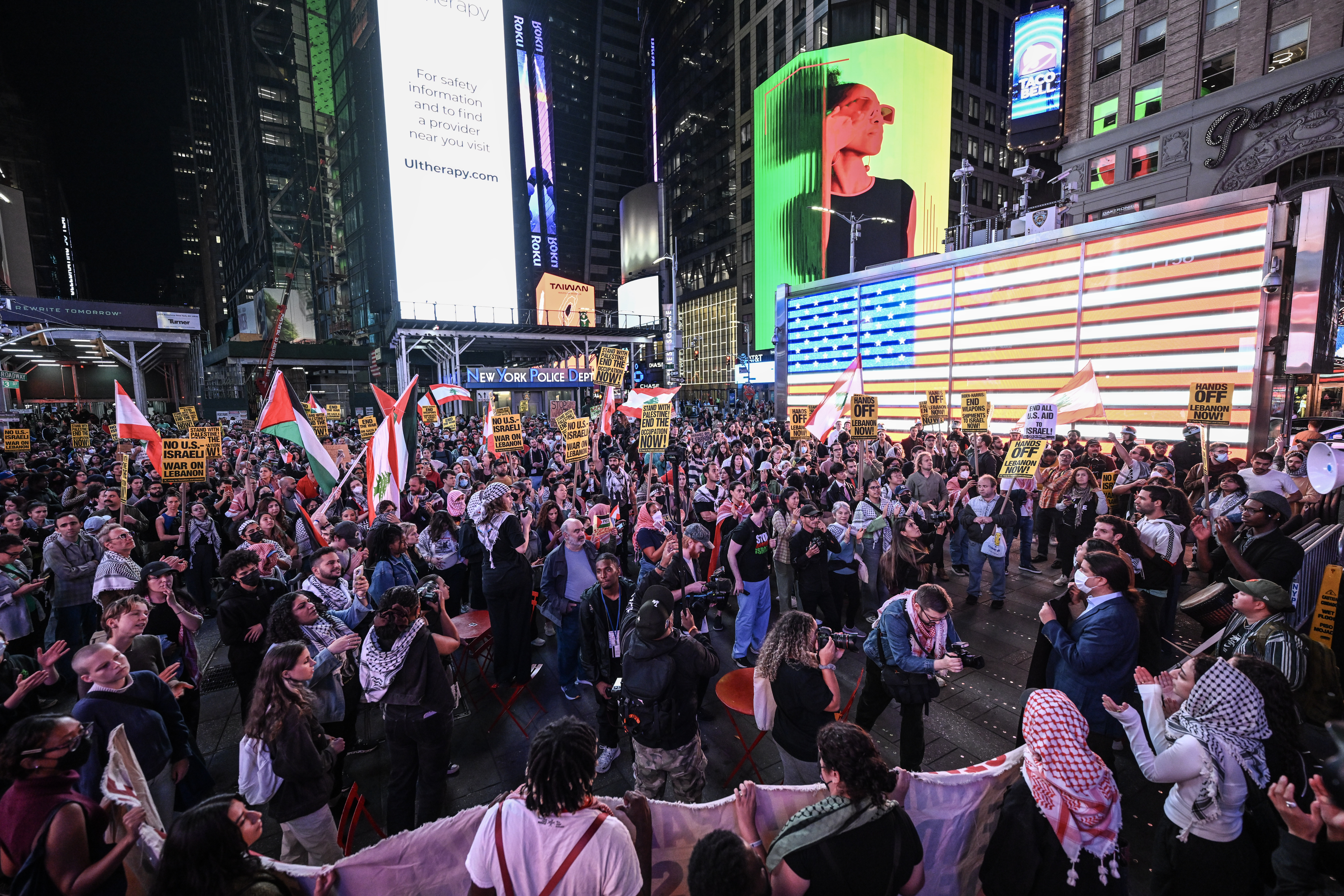 People protest in solidarity with the Palestinian and Lebanese people and to condemn the Israeli airstrikes in Lebanon and Gaza, in New York