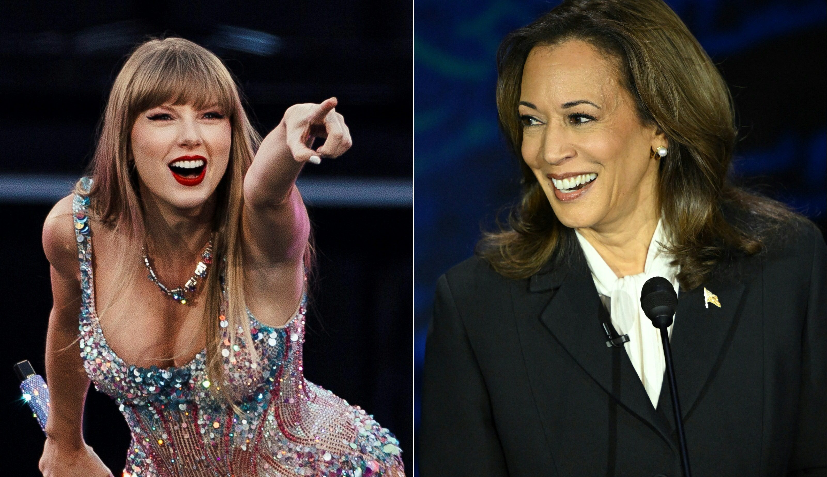 This combination of pictures created on September 10, 2024 shows (L) American singer and songwriter Taylor Swift performs on stage as part of her Eras Tour in Lisbon on May 24, 2024 and (R) US Vice President and Democratic presidential candidate Kamala Harris listens to former US President and Republican presidential candidate Donald Trump speak during a presidential debate at the National Constitution Center in Philadelphia, Pennsylvania, on September 10, 2024. - Taylor Swift, a self-declared "childless cat lady," has endorsed Kamala Harris for president of the United States. The global megastar broke her silence on the current state of US politics September 10, 2024,