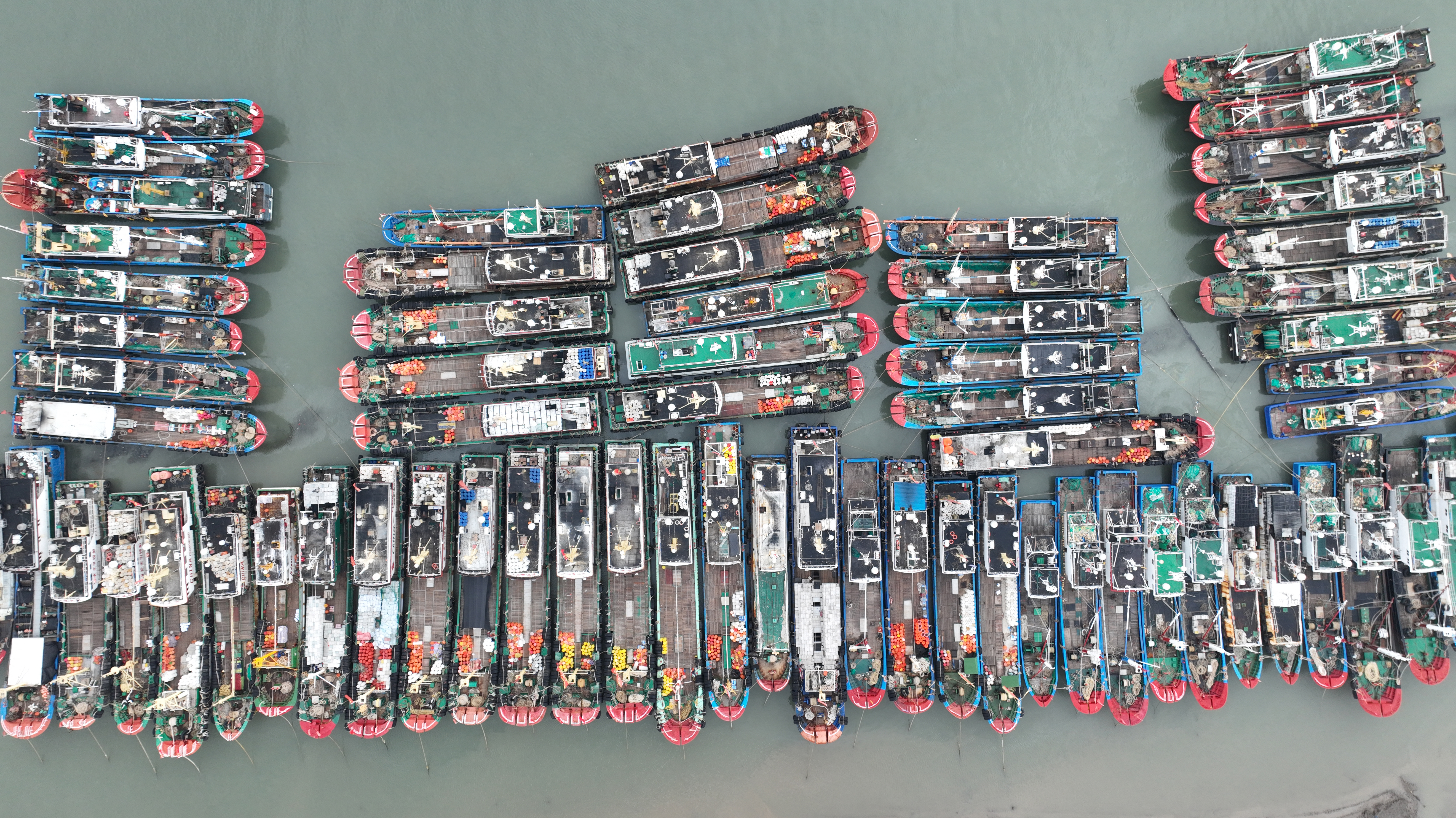 Am aerial view of fishing boats in port in Zhoushan in eastern China
