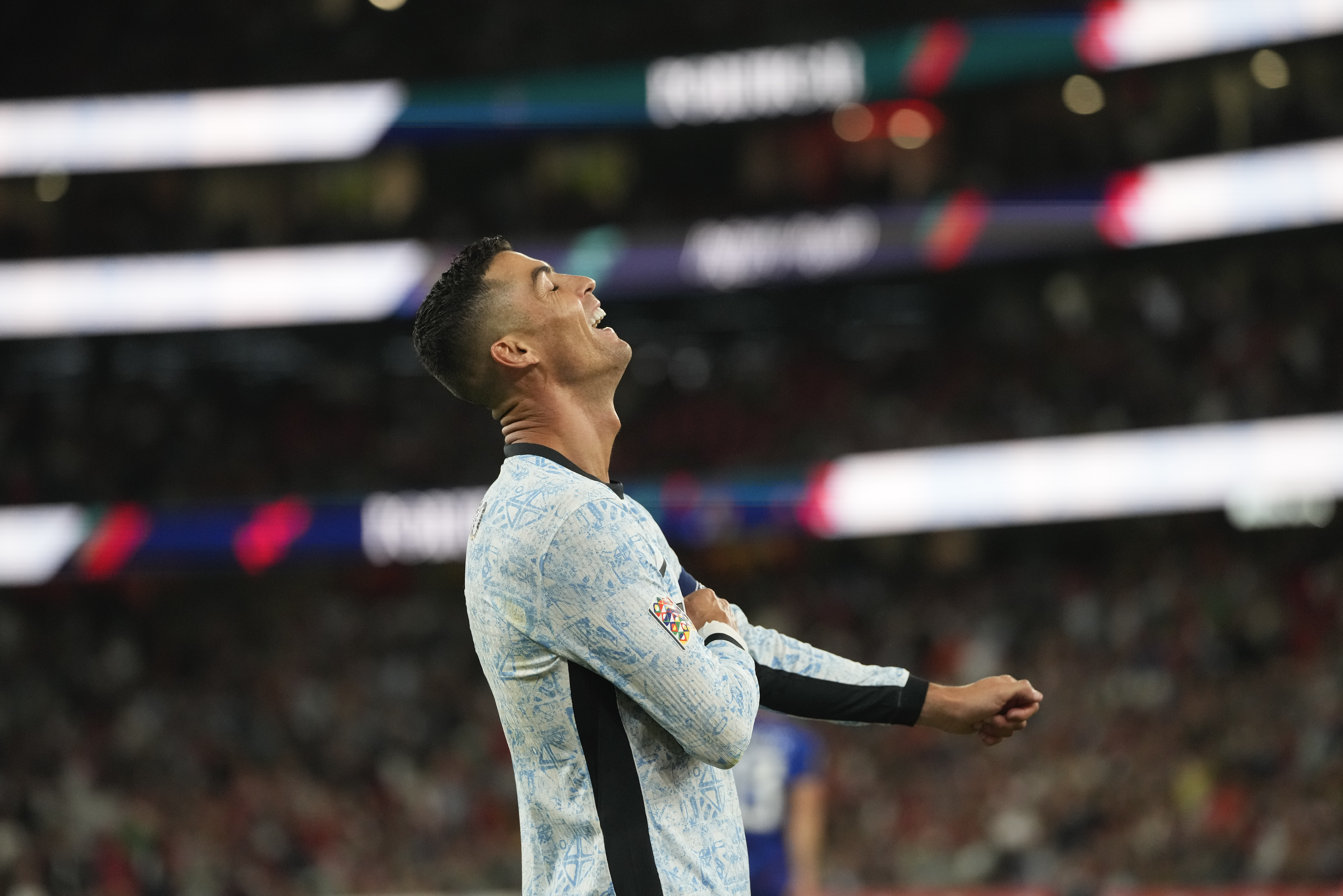 Portugal's Cristiano Ronaldo looks to the sky in celebration