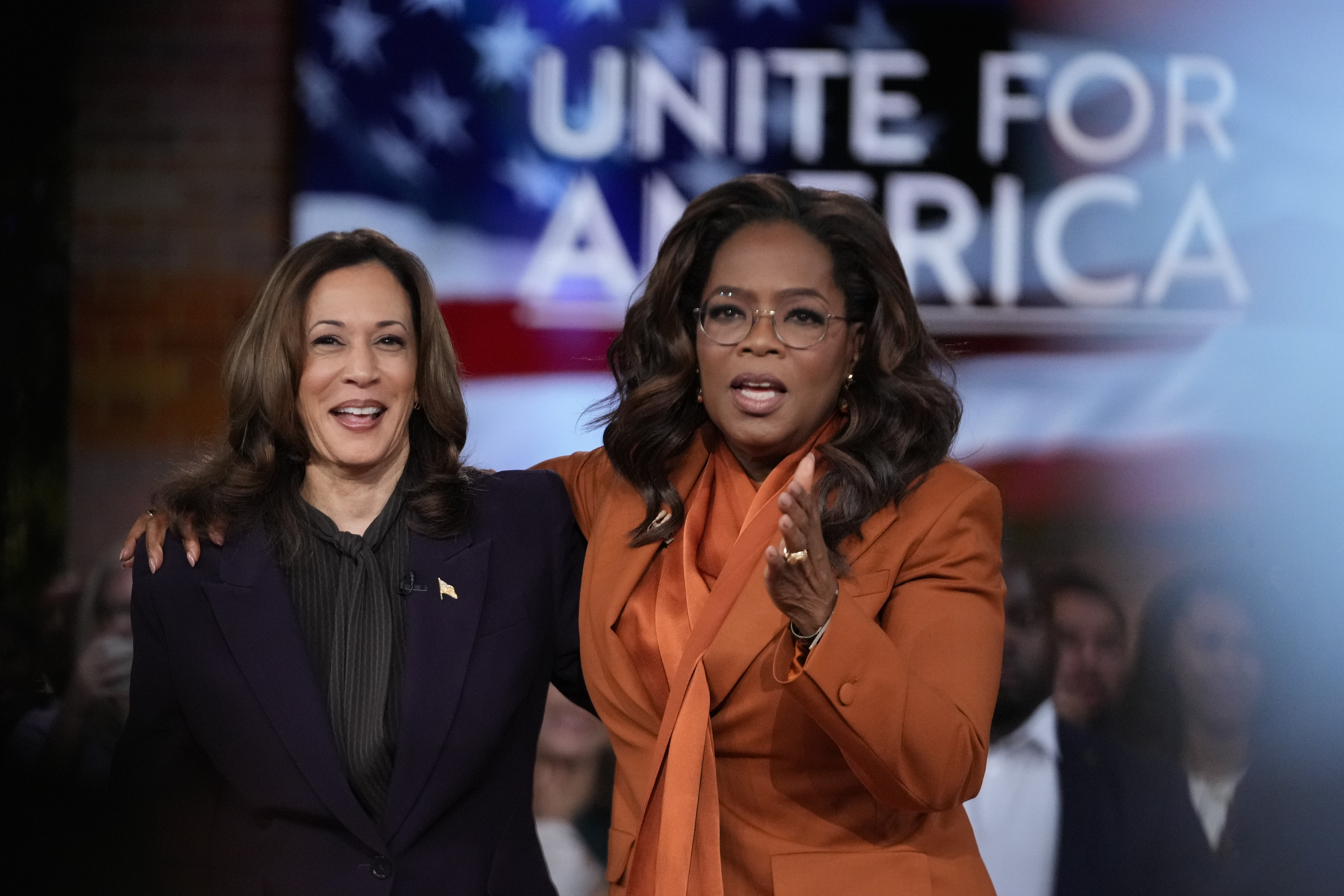 Democratic presidential nominee Vice President Kamala Harris joins Oprah Winfrey at Oprah's Unite for America Live Streaming event Thursday, Sept. 19, 2024 in Farmington Hills, Mich.