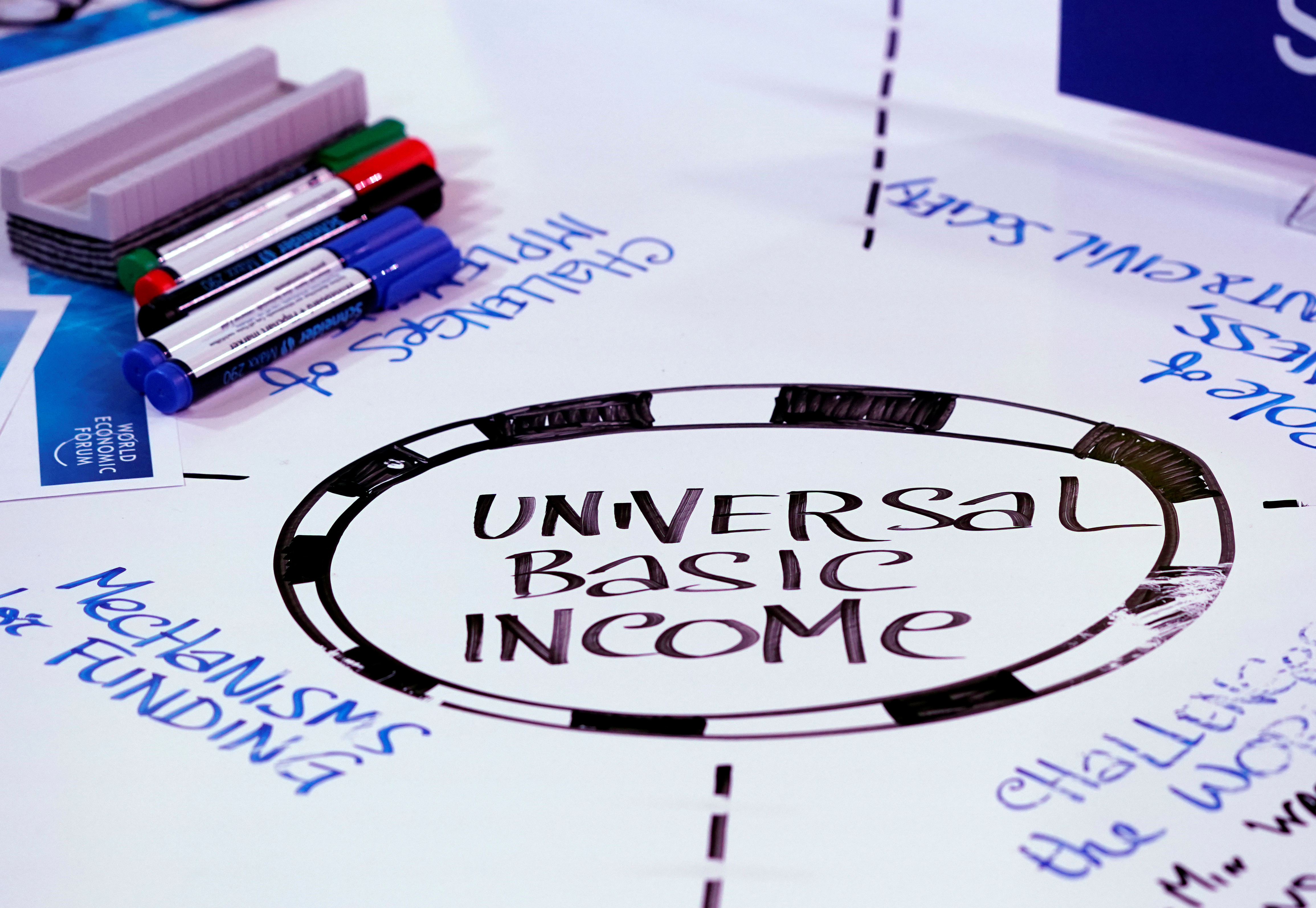 Universal Basic Income (UBI) s written on a table during a session at the World Economic Forum (WEF) annual meeting in Davos, Switzerland January 23, 2018 REUTERS/Denis Balibouse