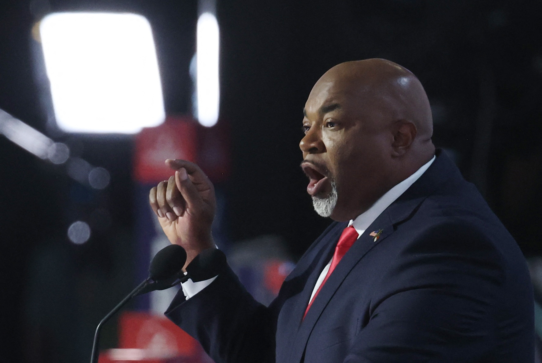 North Carolina Lt. Gov. Mark Robinson speaks during Day 1 of the Republican National Convention (RNC), at the Fiserv Forum in Milwaukee, Wisconsin, U.S., July 15, 2024. REUTERS/Jeenah Moon