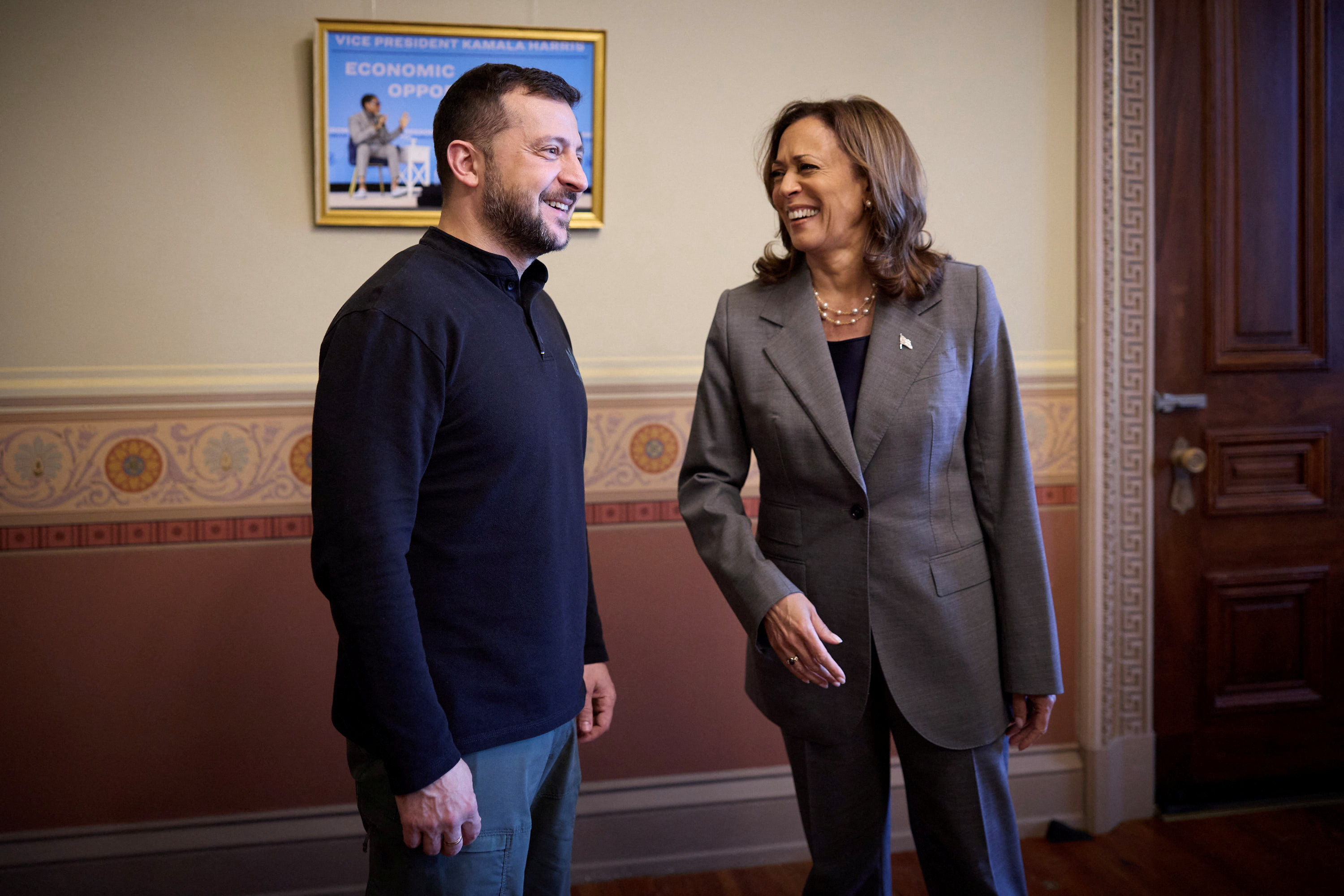 Democratic presidential nominee and U.S. Vice President Kamala Harris meets with Ukraine's President Volodymyr Zelenskiy, in the Eisenhower Executive Office Building on the White House campus in Washington, U.S., September 26, 2024. Ukrainian Presidential Press Service/Handout via REUTERS ATTENTION EDITORS - THIS IMAGE HAS BEEN SUPPLIED BY A THIRD PARTY.