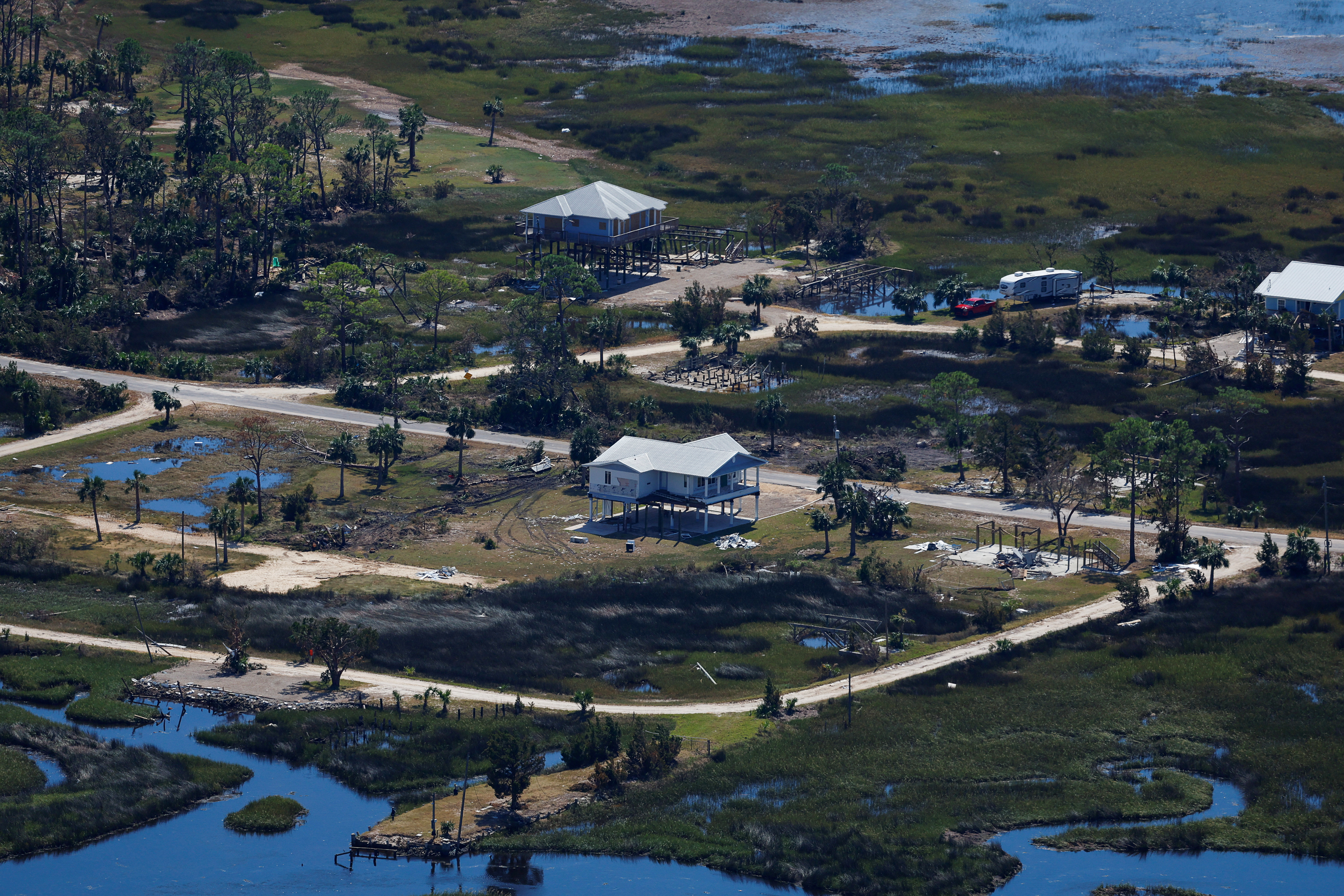 An aerial view shows damage to properties, in the wake of Hurricane Helene.