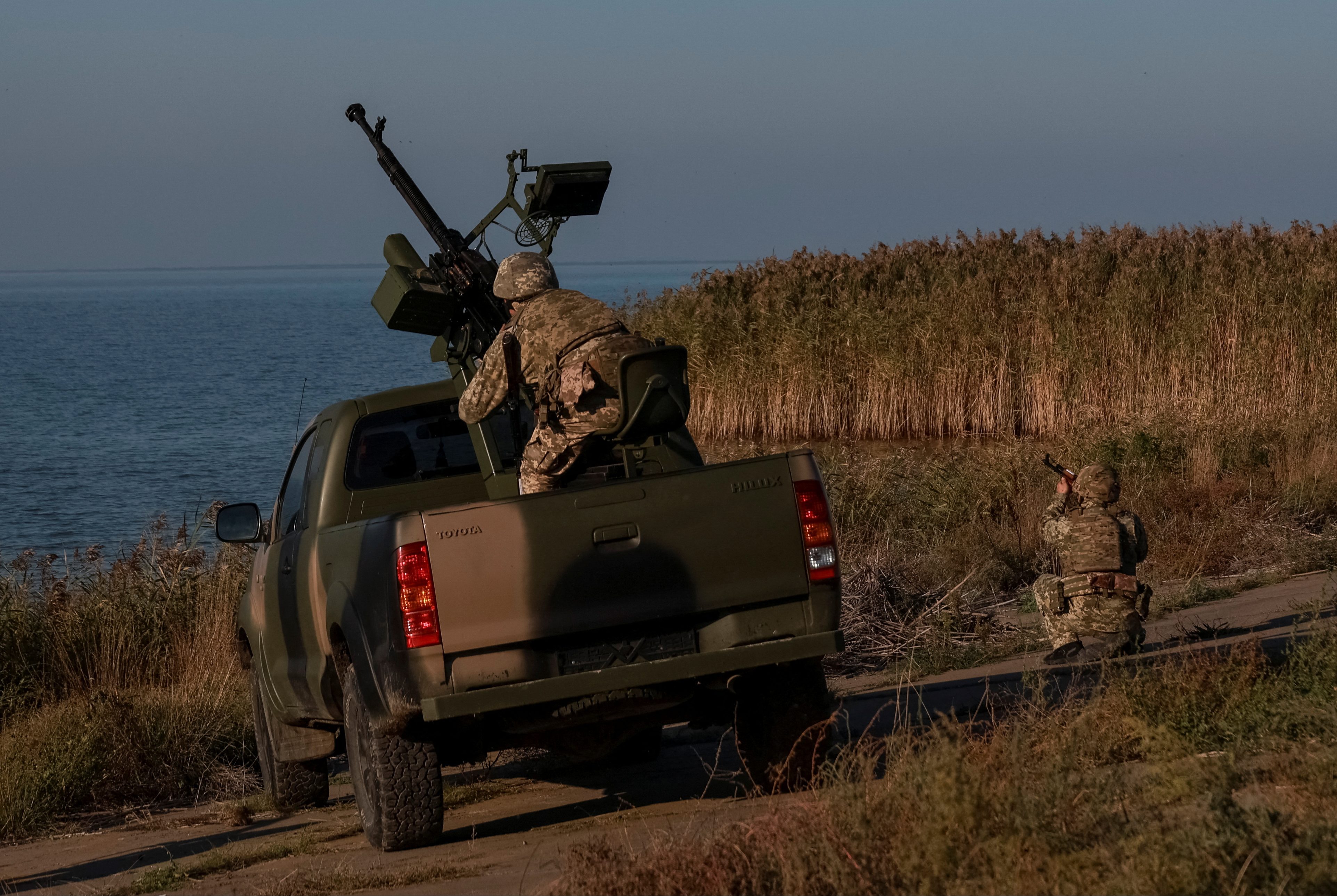 Members of the Ukrainian State Border Guard Service from an anti-drone mobile air defence unit take part in a training