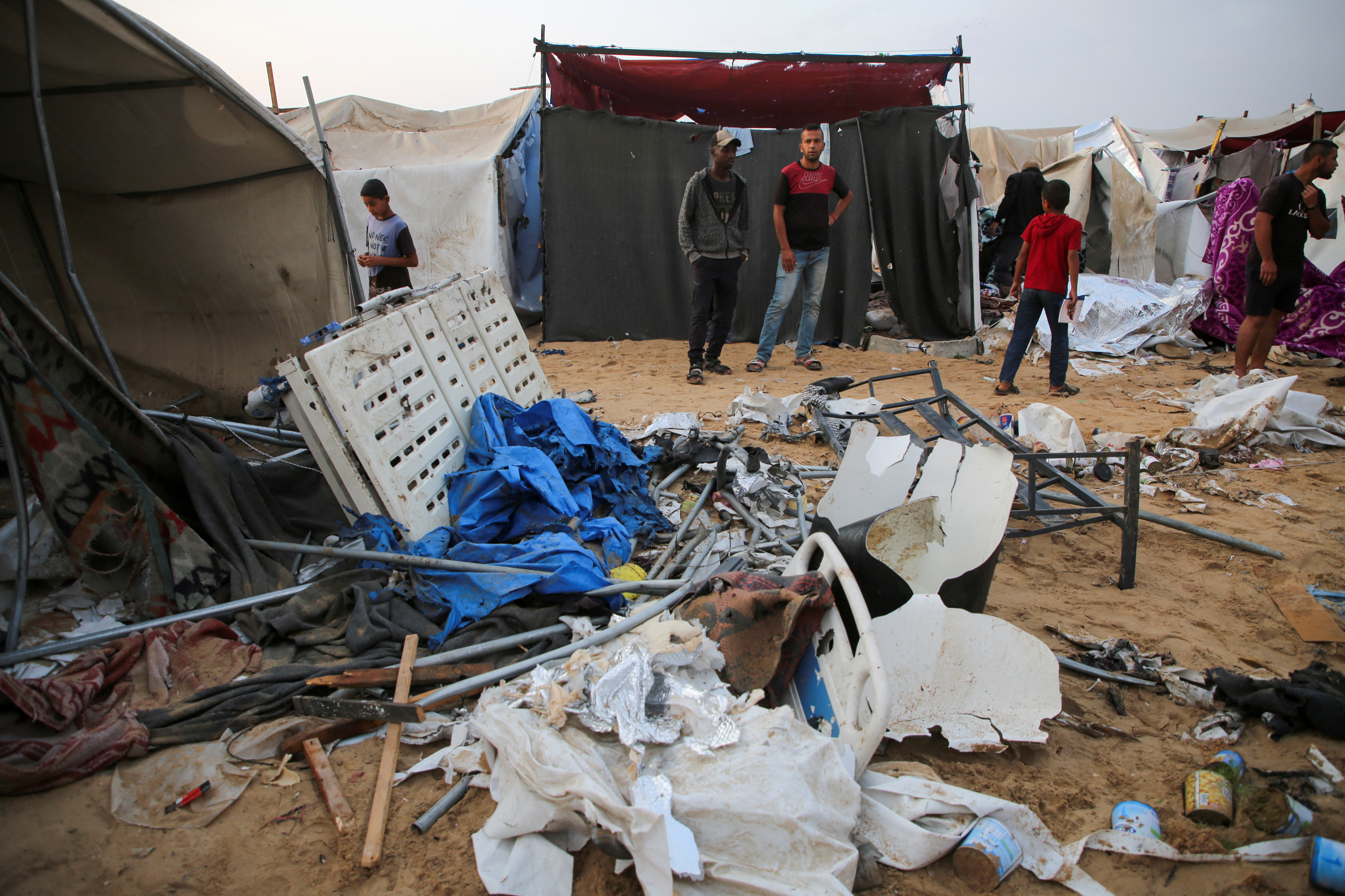 Aftermath of Israeli strike on a tent camp sheltering displaced people in Gaza's Al-Mawasi