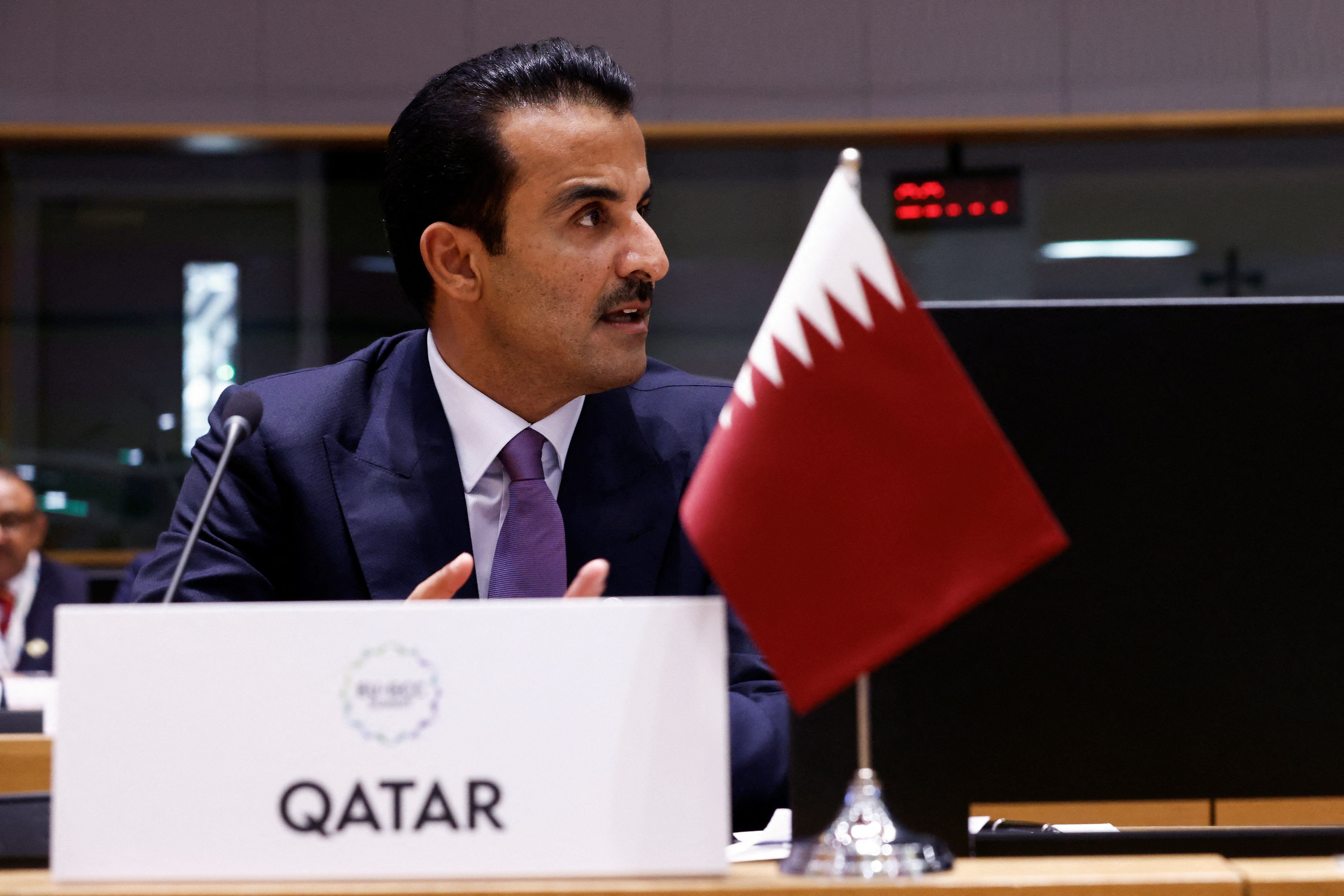 Emir of Qatar Sheikh Tamim ibn Hamad Al Thani attends a roundtable meeting during the joint European Union and the Gulf Cooperation Council (GCC) summit, in Brussels, Belgium October 16