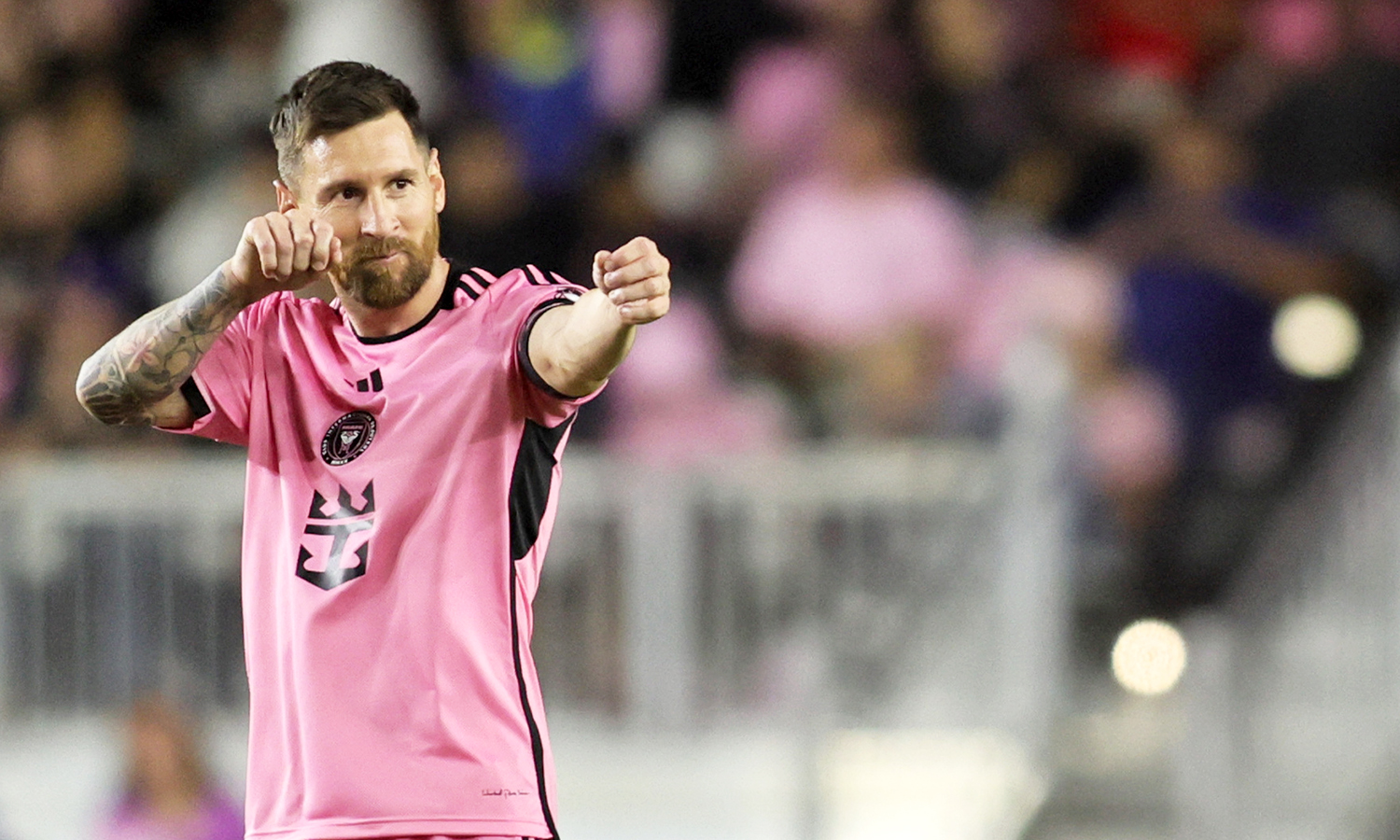 Oct 19, 2024; Fort Lauderdale, Florida, USA; Inter Miami CF forward Lionel Messi (10) celebrates scoring during the second half against the New England Revolution at Chase Stadium. Mandatory Credit: Sam Navarro-Imagn Images