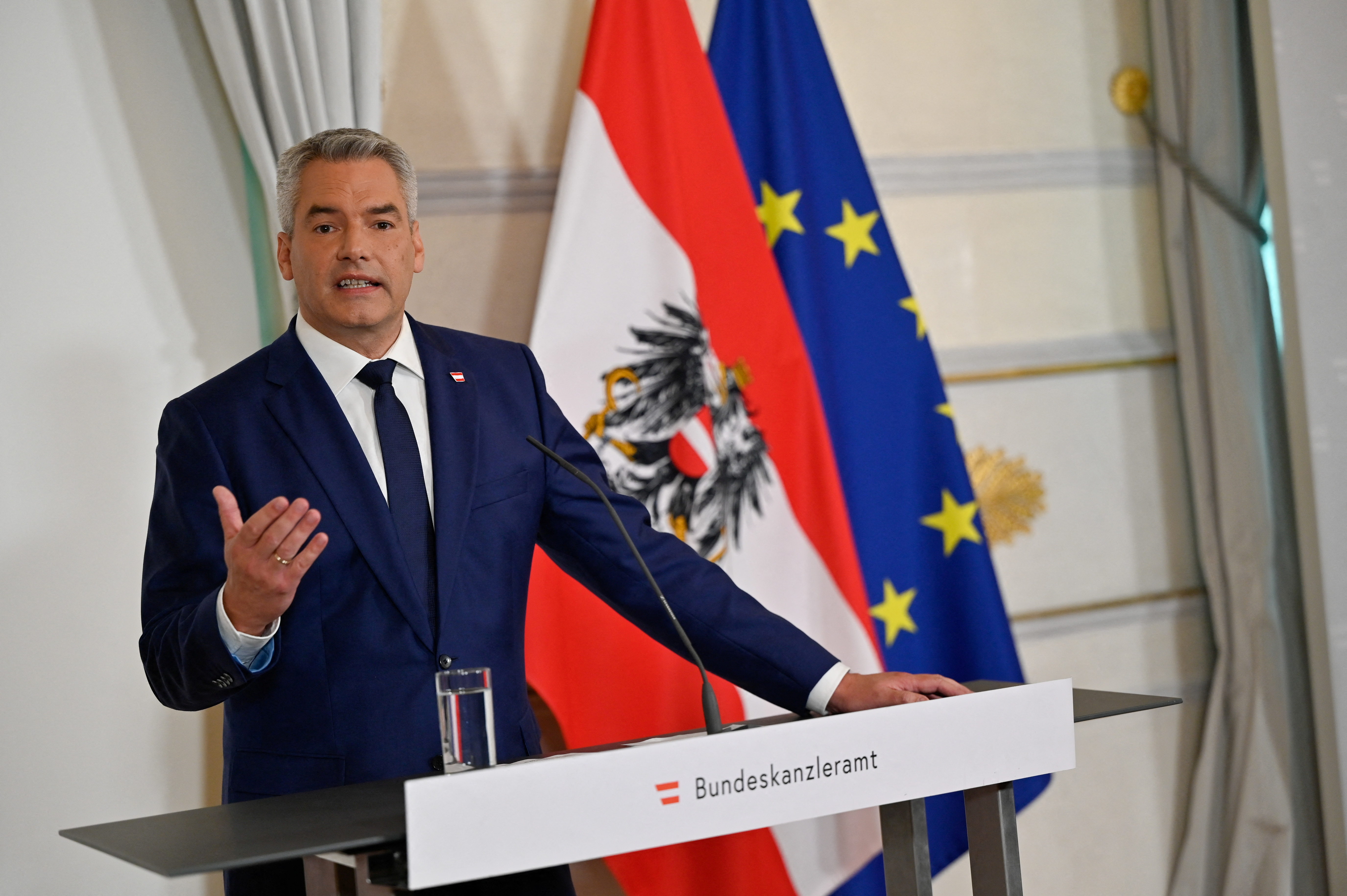 Austrian Chancellor and head of Peoples Party (OeVP) Karl Nehammer gives a press statement