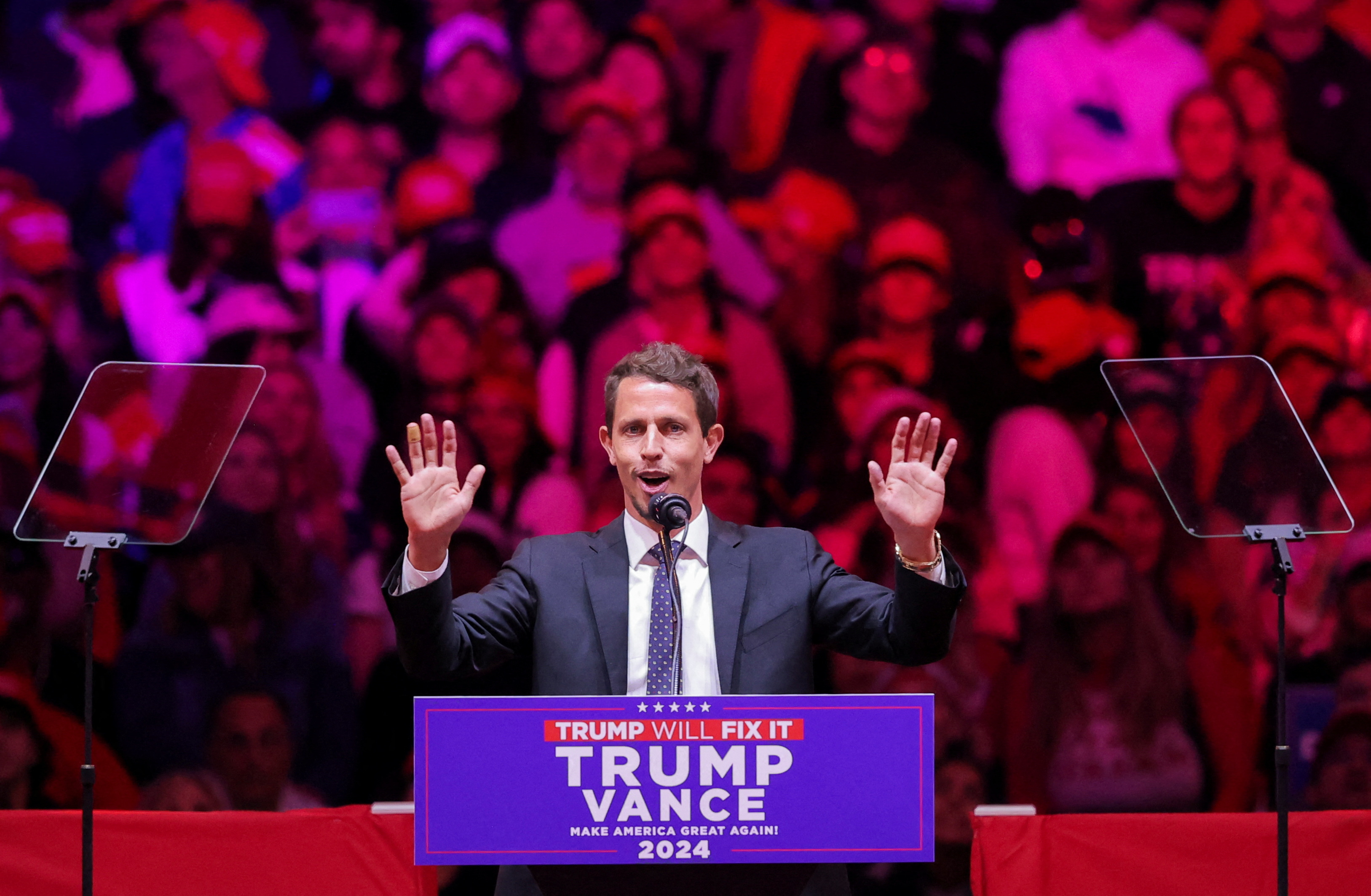 Comedian Tony Hinchcliffe speaks during a rally for Republican presidential nominee and former U.S. President Donald Trump