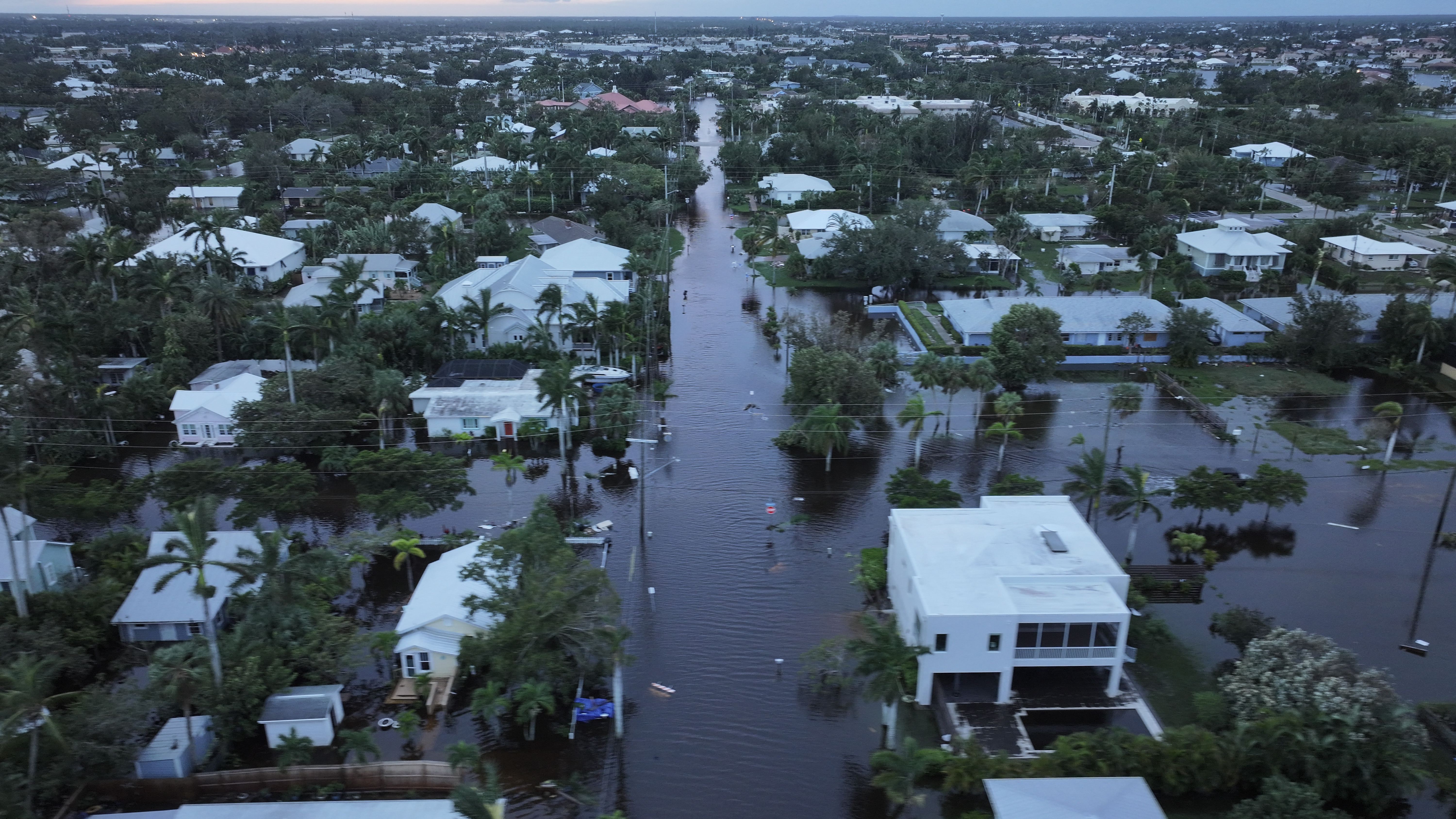 In this aerial view, Flood waters inundate a neighborhood after Hurricane Milton came ashore on October 10