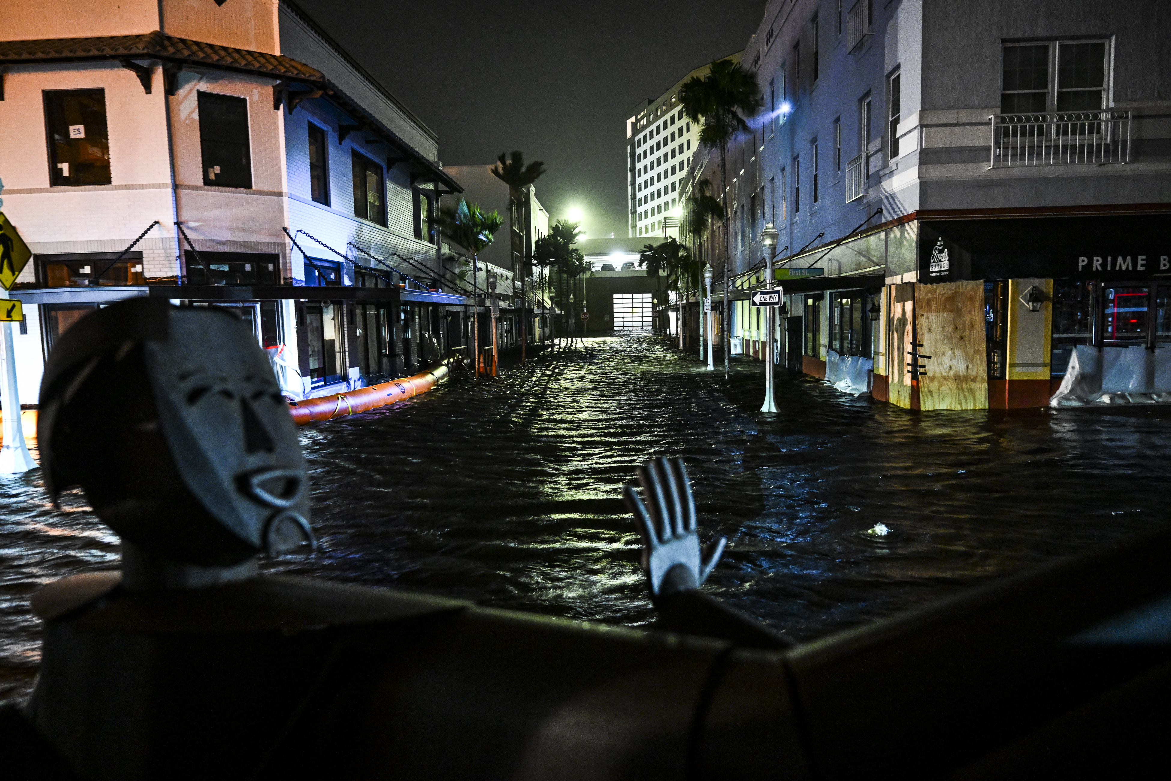 Water-flooded streets are seen after Hurricane Milton made landfall in Fort Myers, Florida, on October 9