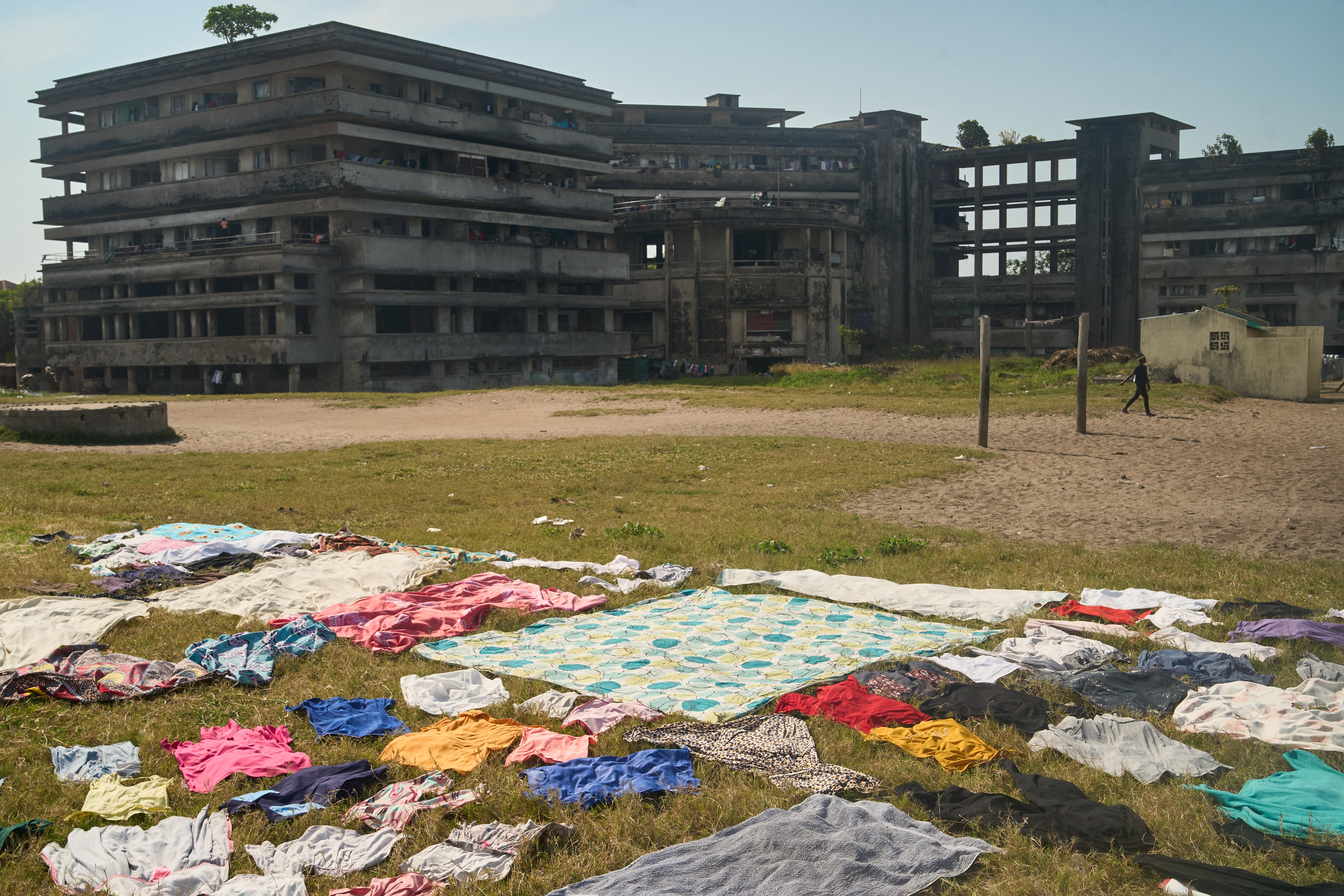 A general view of clothes put out to dry outside the Grande Hotel in Beira on October 12