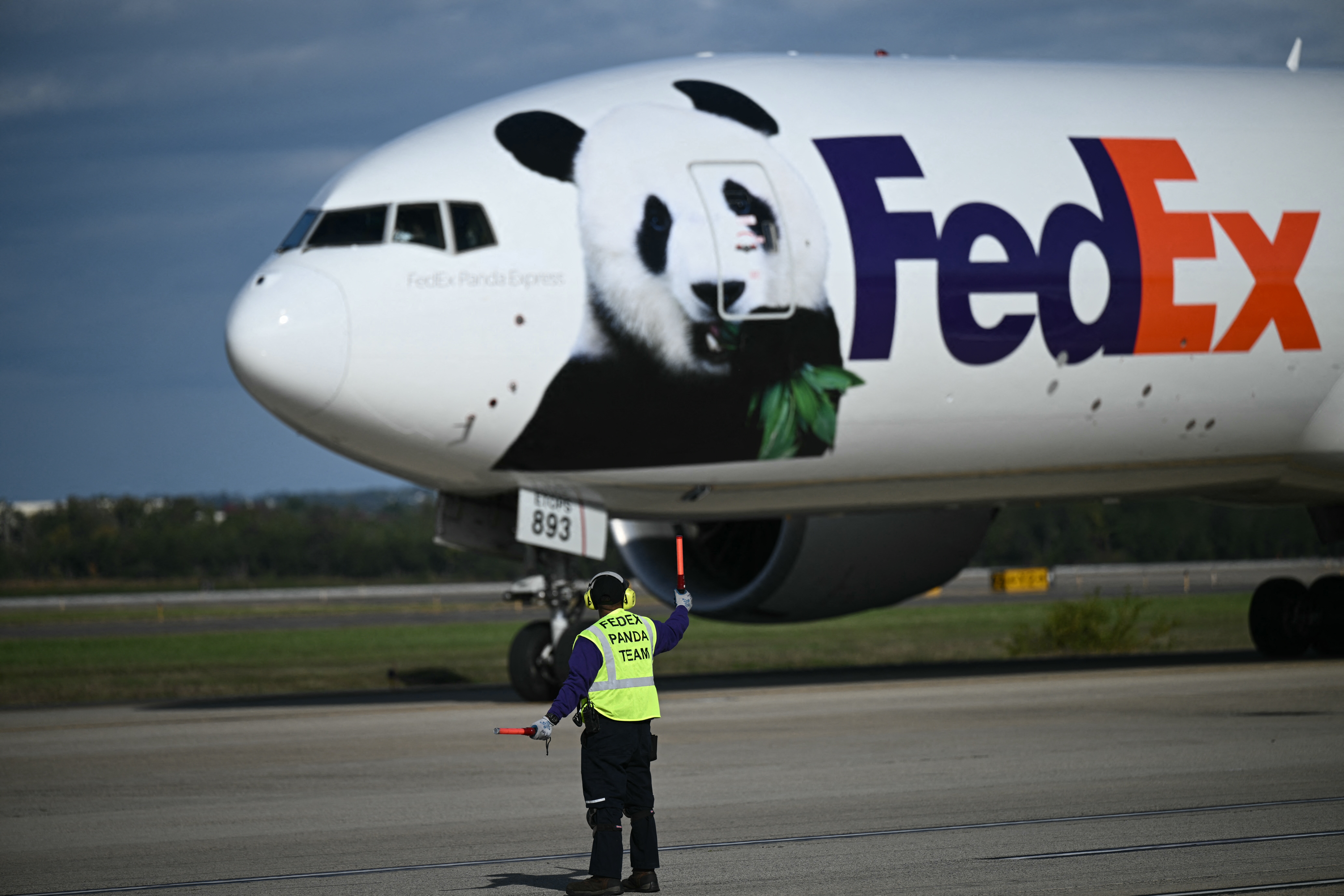 A cargo jet operated by FedEx transporting two giant pandas, lands at Dulles airport in Virginia on October 15, 2024. - Bao Li, a male panda, and female Qing Bao, both three years old, were headed to the Smithsonian National Zoo in Washington on Tuesday under a decade-long breeding and research agreement. (Photo by Brendan SMIALOWSKI / AFP)
