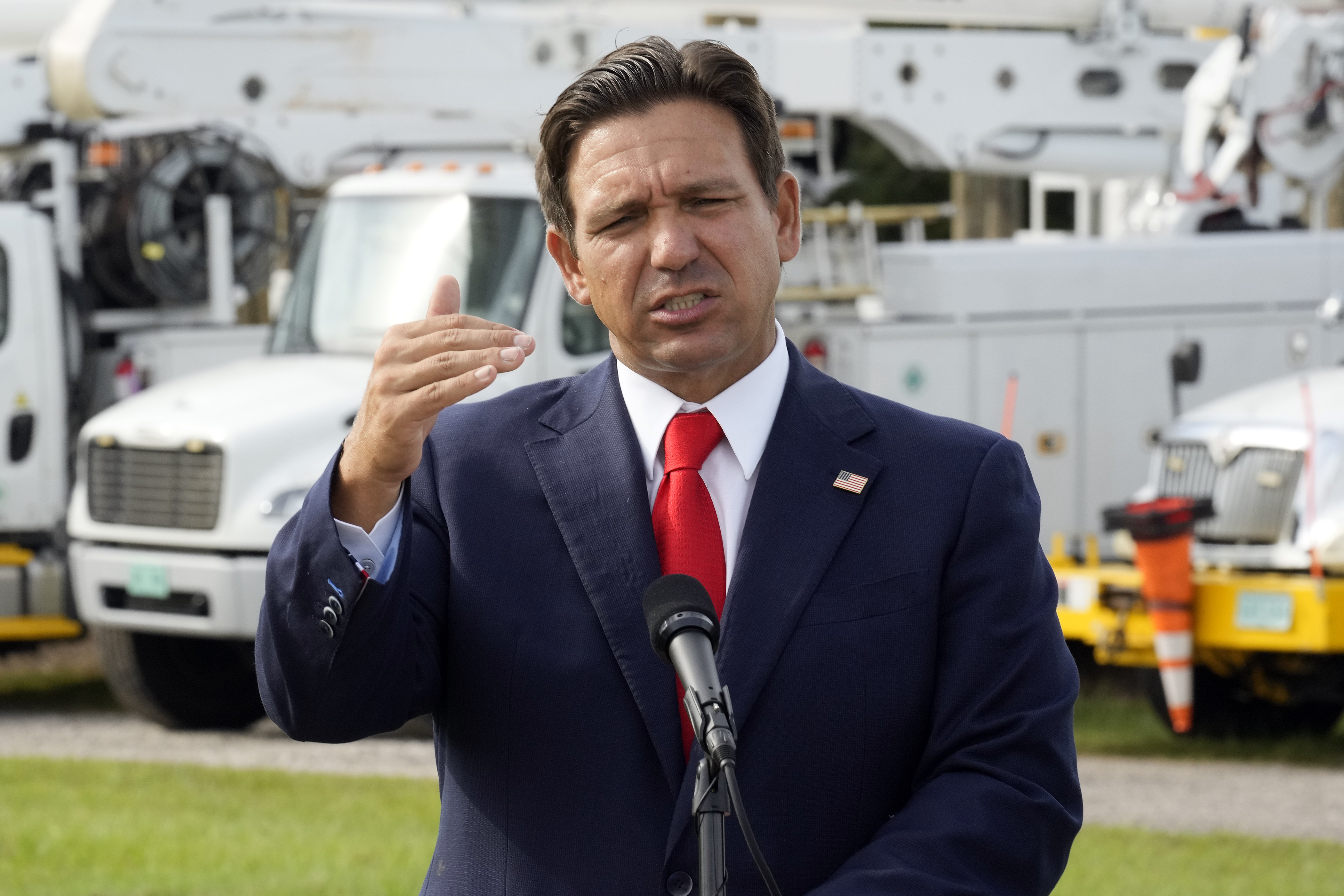Ron DeSantis speaks as Tampa braces for Hurricane Helene in September.