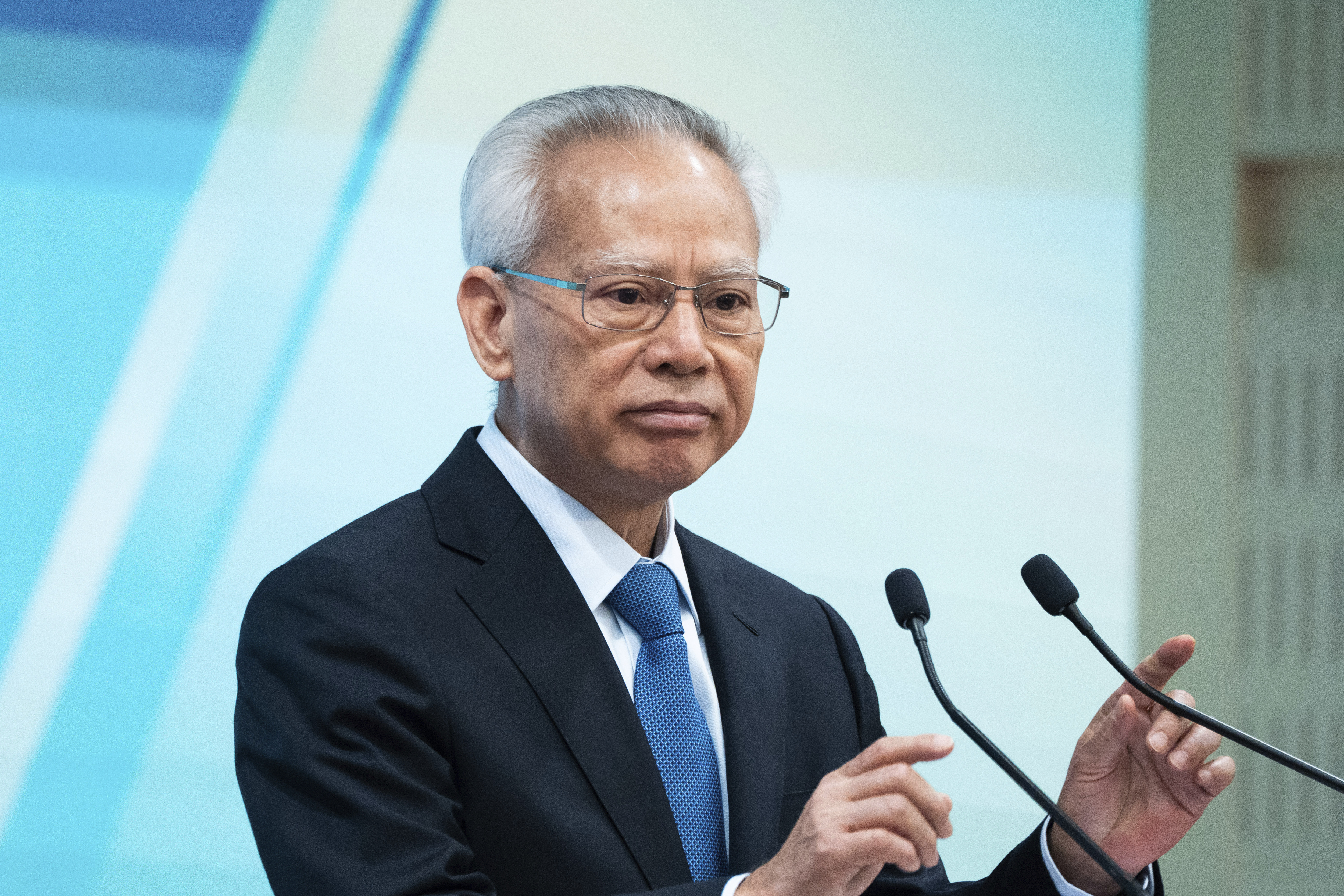 Sam Hou Fai, the city's former top judge, speaks after declaring his victory in the chief executive election in Macau