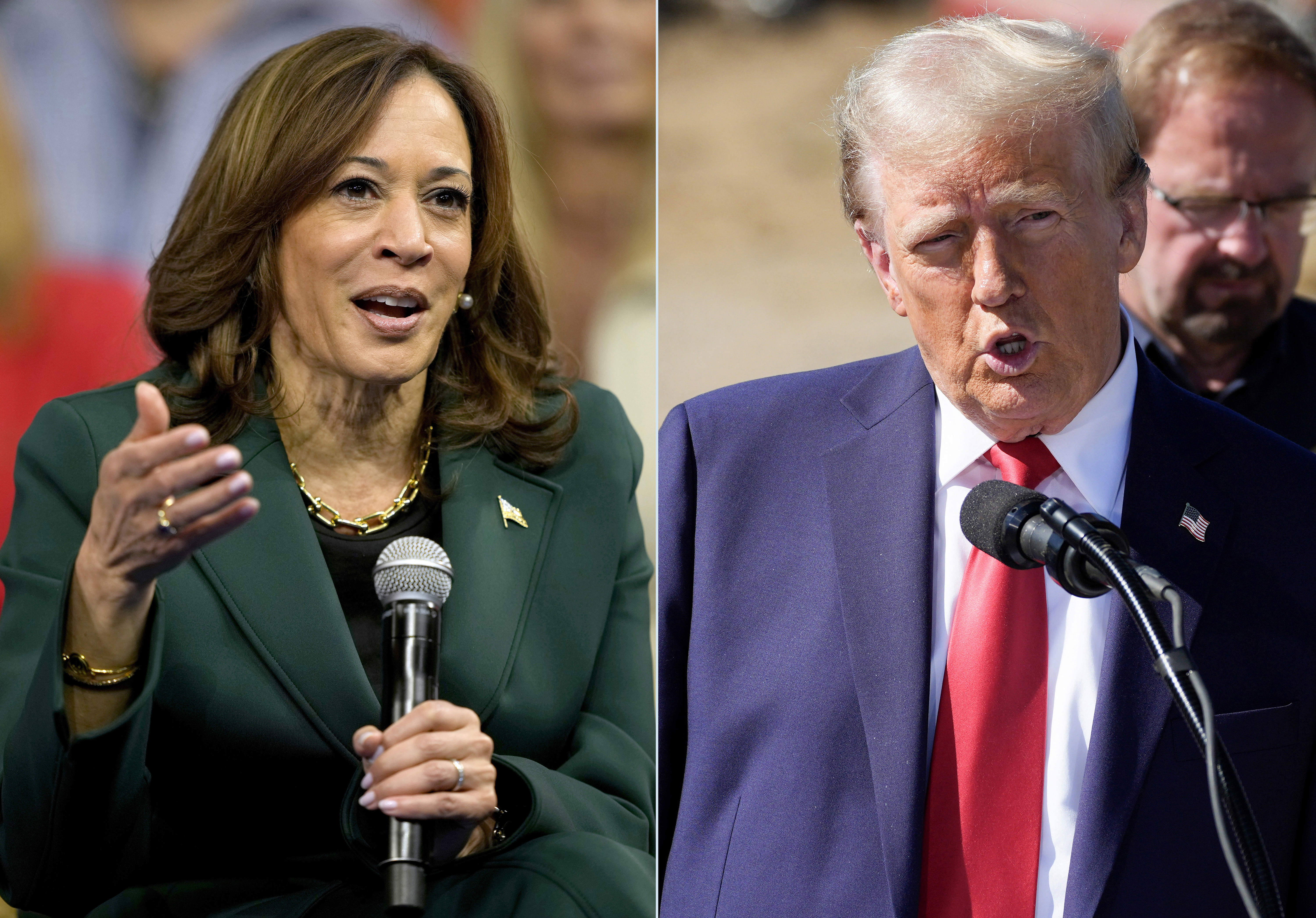 Image shows two photos of Kamala Harris and Trump side by side