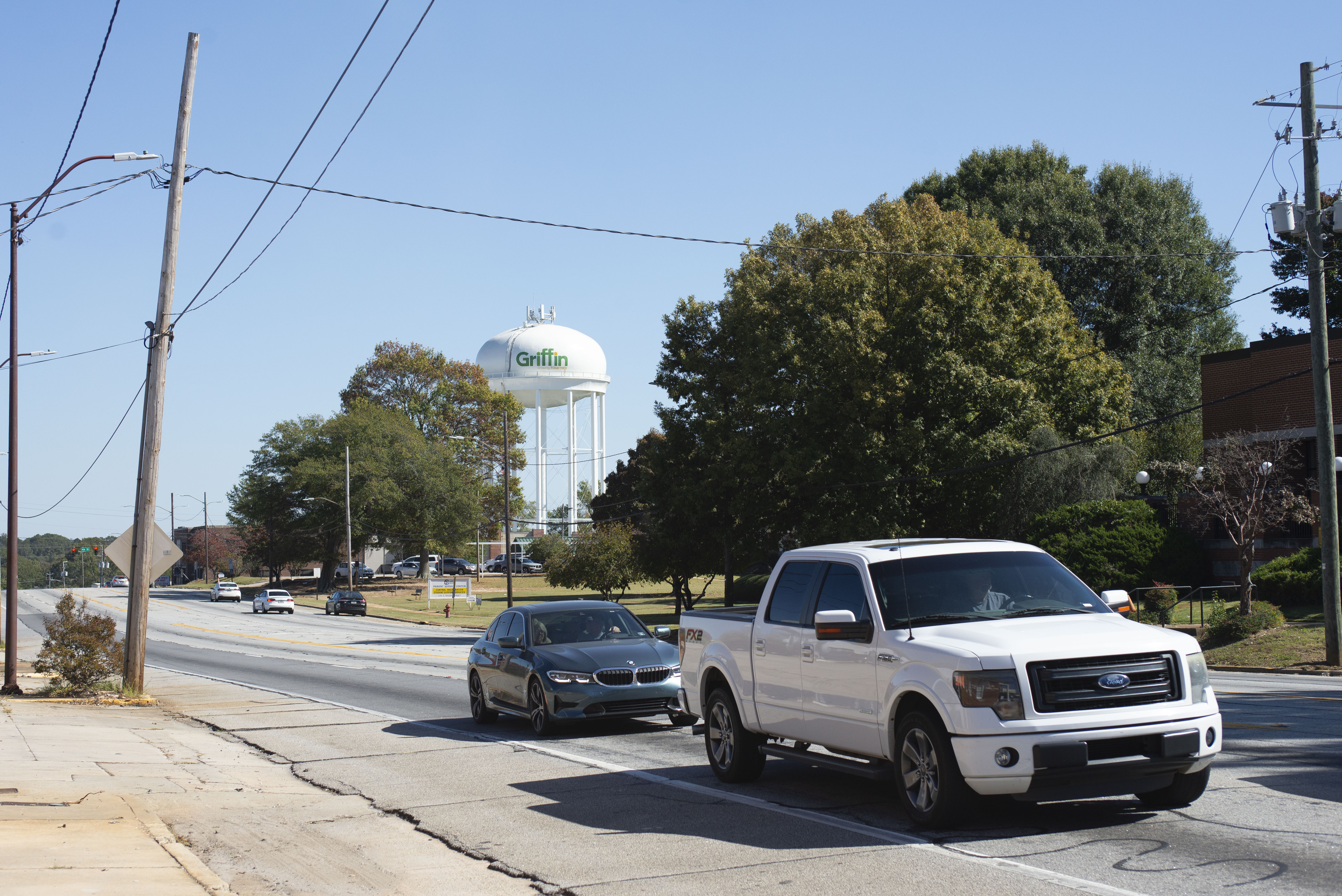 A water tower is seen in the city of Griffin in Spalding County, Georgia [Joseph Stepansky/Al Jazeera]
