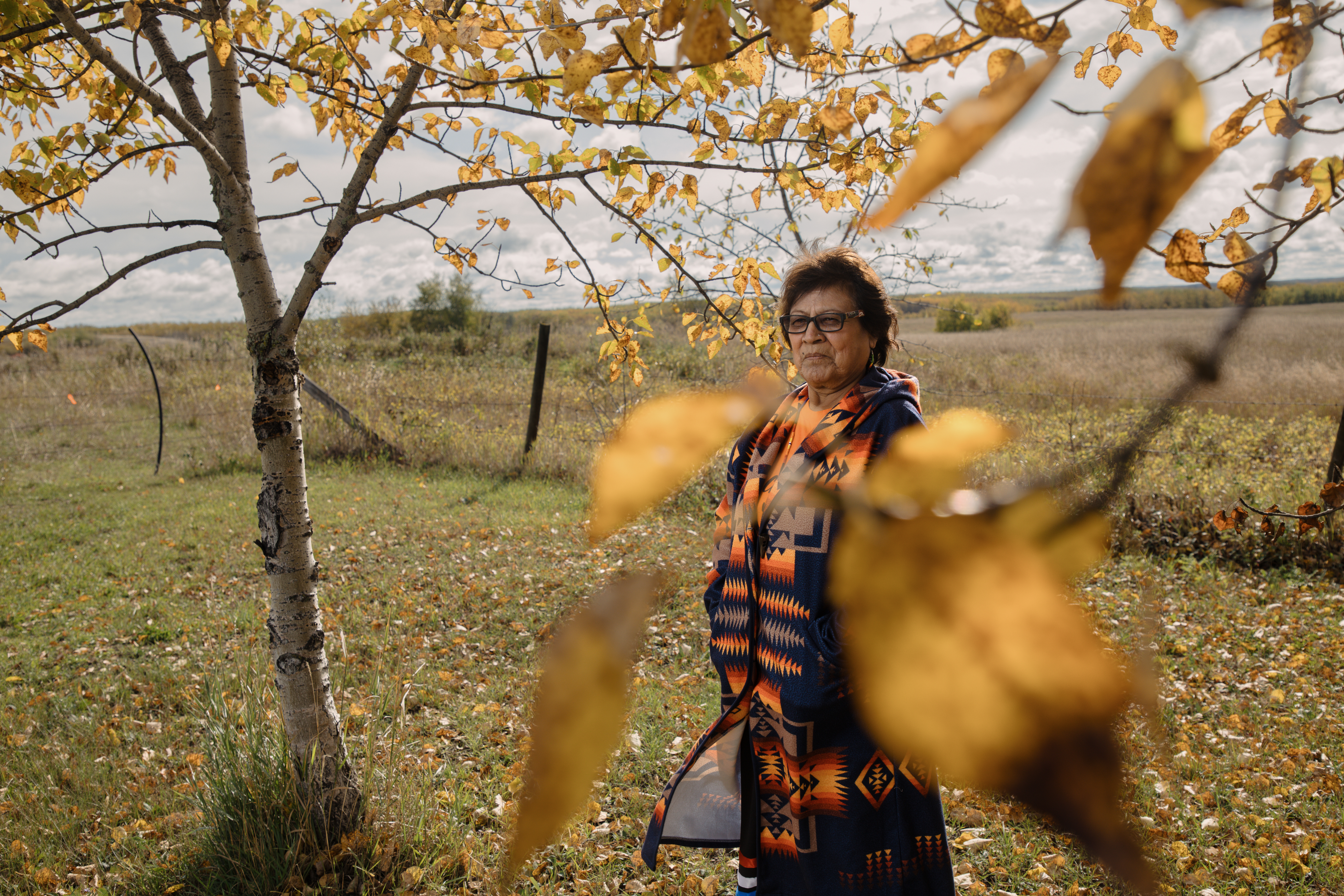 A woman is seen through the branches of a tree