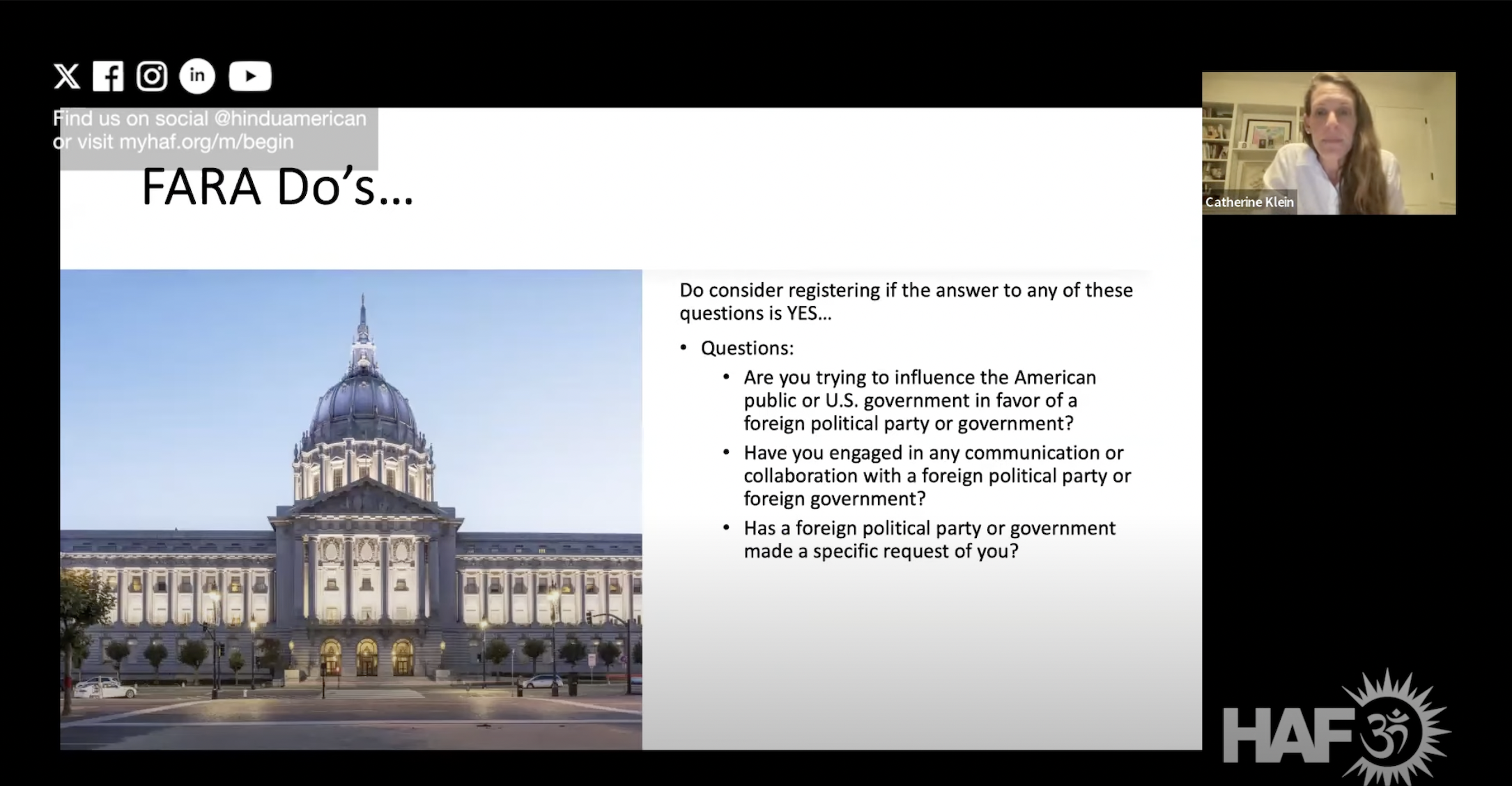 Screen grab from a webinar organised by the Hindu American Foundation in April 2024 titled 'Avoiding Legal Trouble in the Mega Election Year'