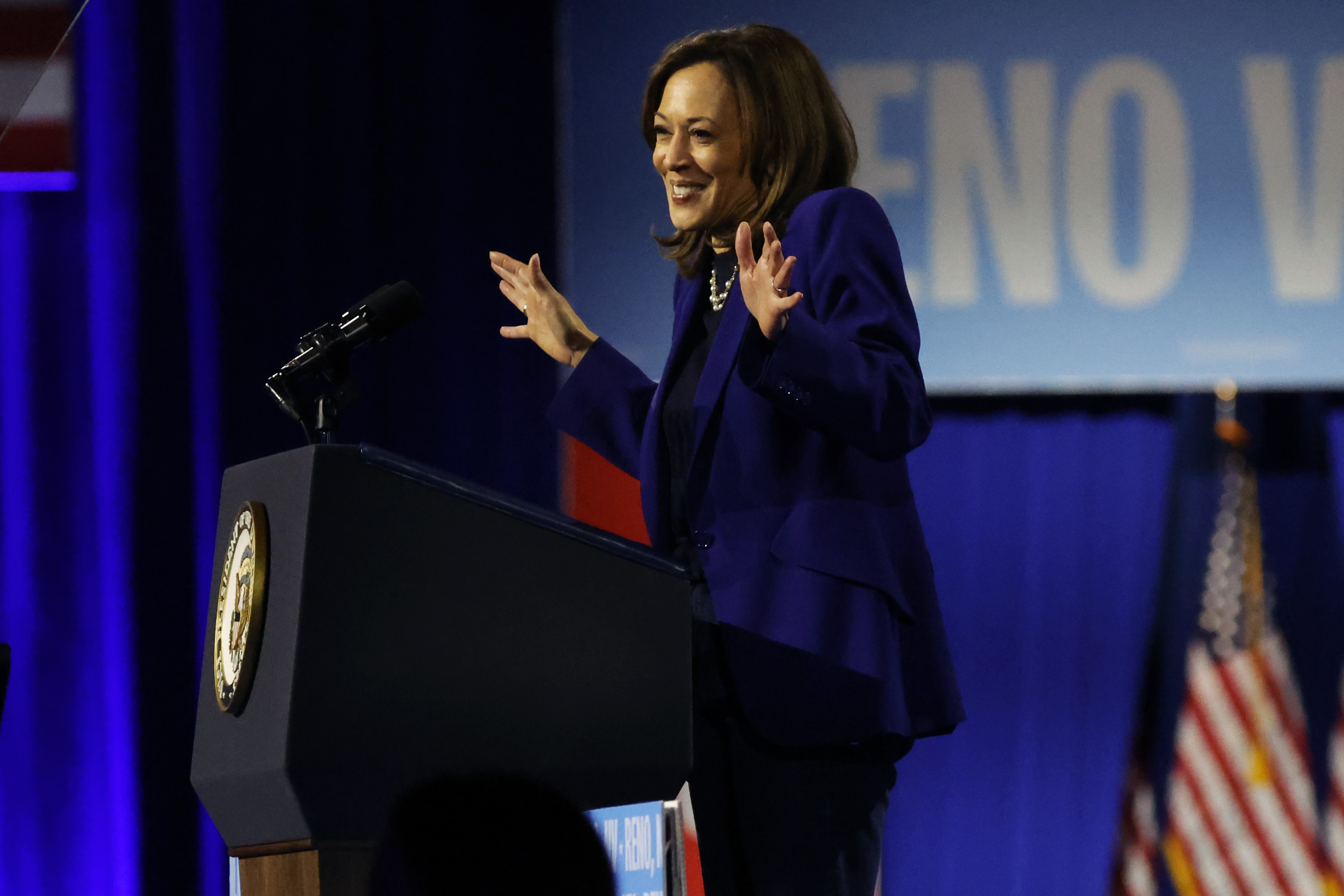 Vice President Kamala Harris speaks during a campaign event at the Reno Events Center in Reno