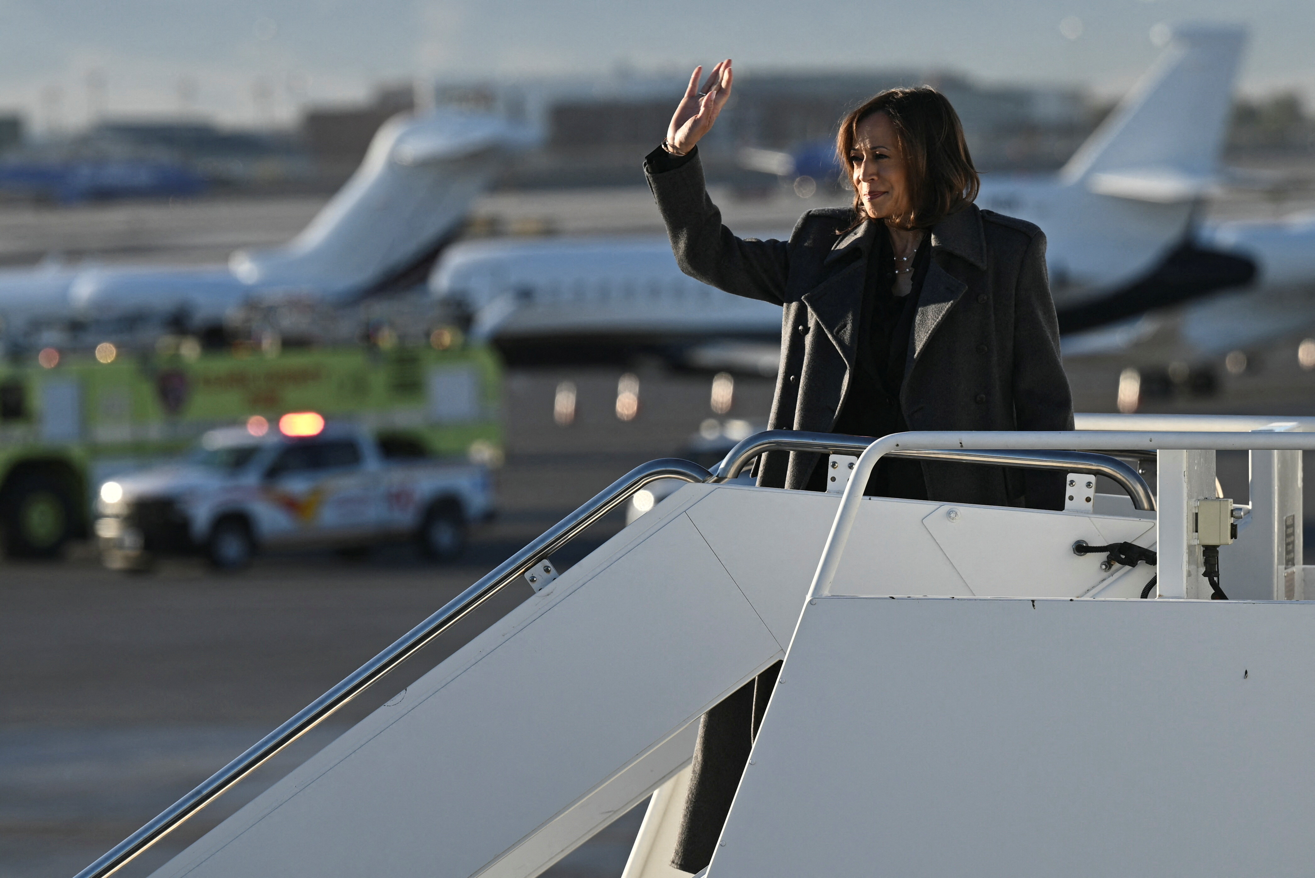 Democratic presidential nominee U.S. Vice President Kamala Harris boards Air Force Two at Harry Reid International Airport in Las Vegas