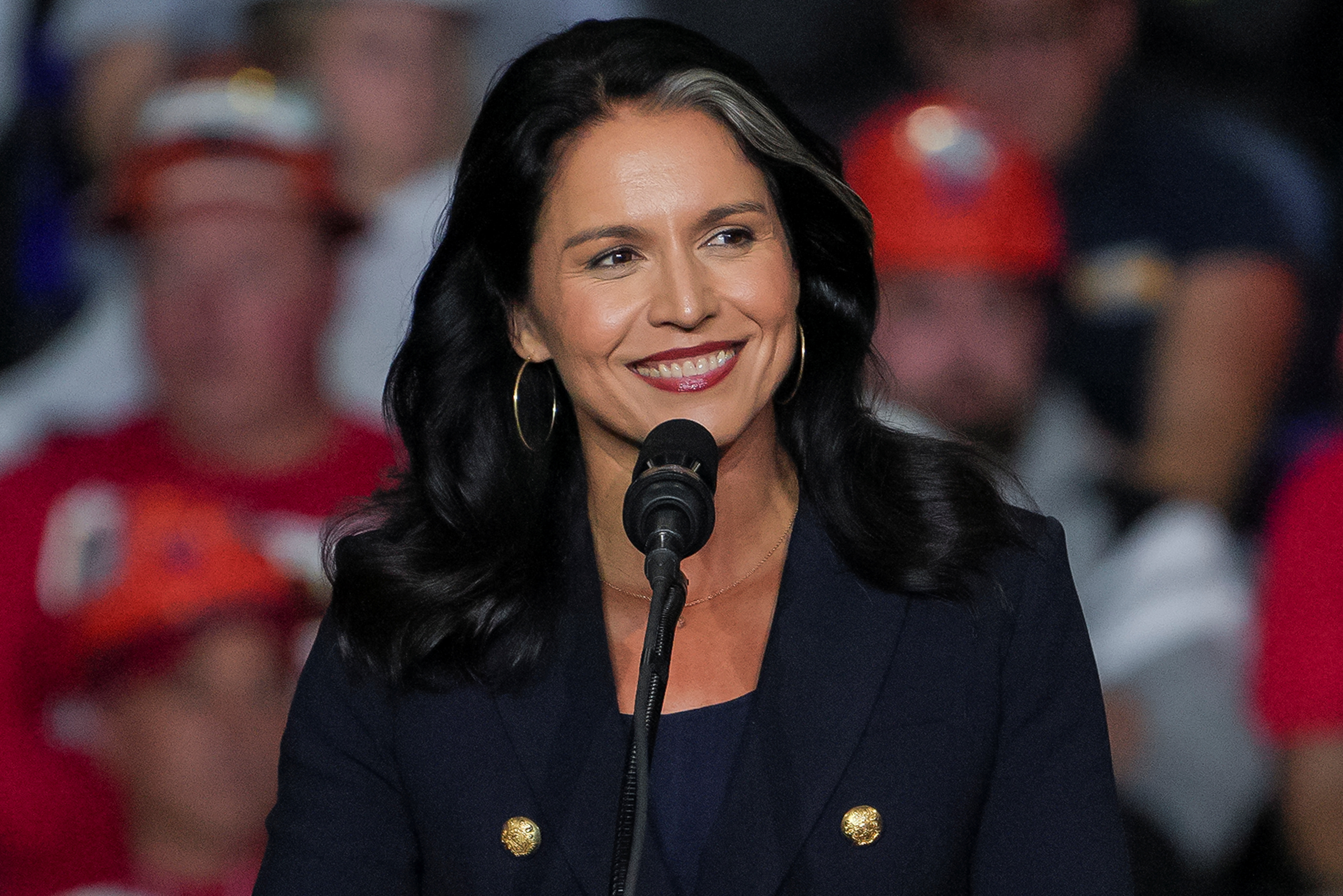 Tulsi Gabbard attends a campaign rally of Republican presidential nominee and former U.S. President Donald Trump at PPG Paints Arena in Pittsburgh, Pennsylvania, U.S., November 4, 2024.