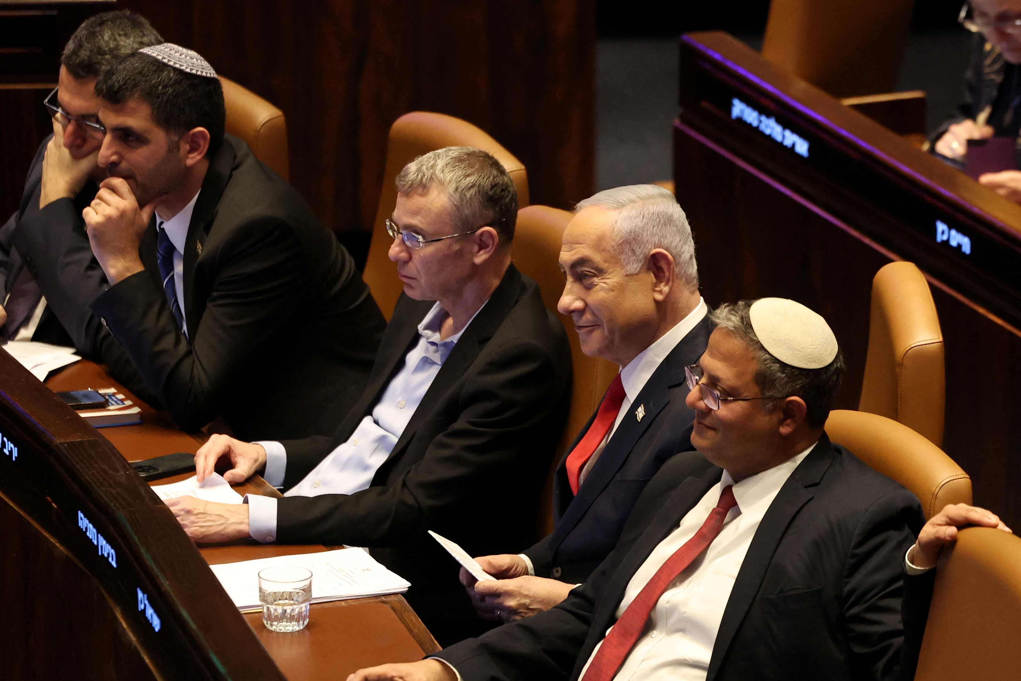 Israeli Prime Minister Benjamin Netanyahu, Justice Minister Yariv Levin and National Security Minister Itamar Ben-Gvir