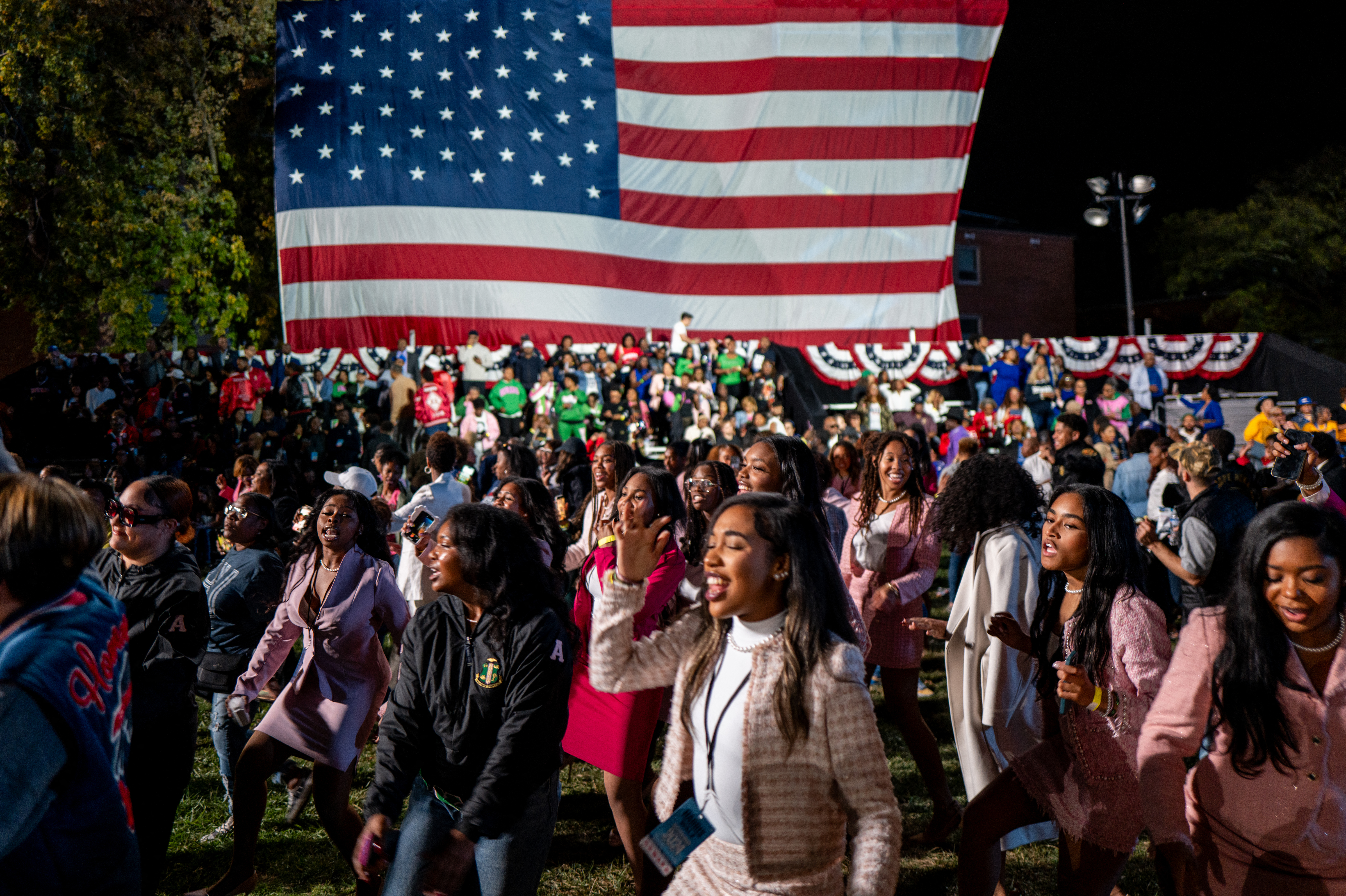 Women with Alpha Kappa Alpha Sorority Inc. dance together during an election night event held by Democratic presidential nominee, U.S. Vice President Kamala Harris at Howard University on November 05, 2024 in Washington, DC.