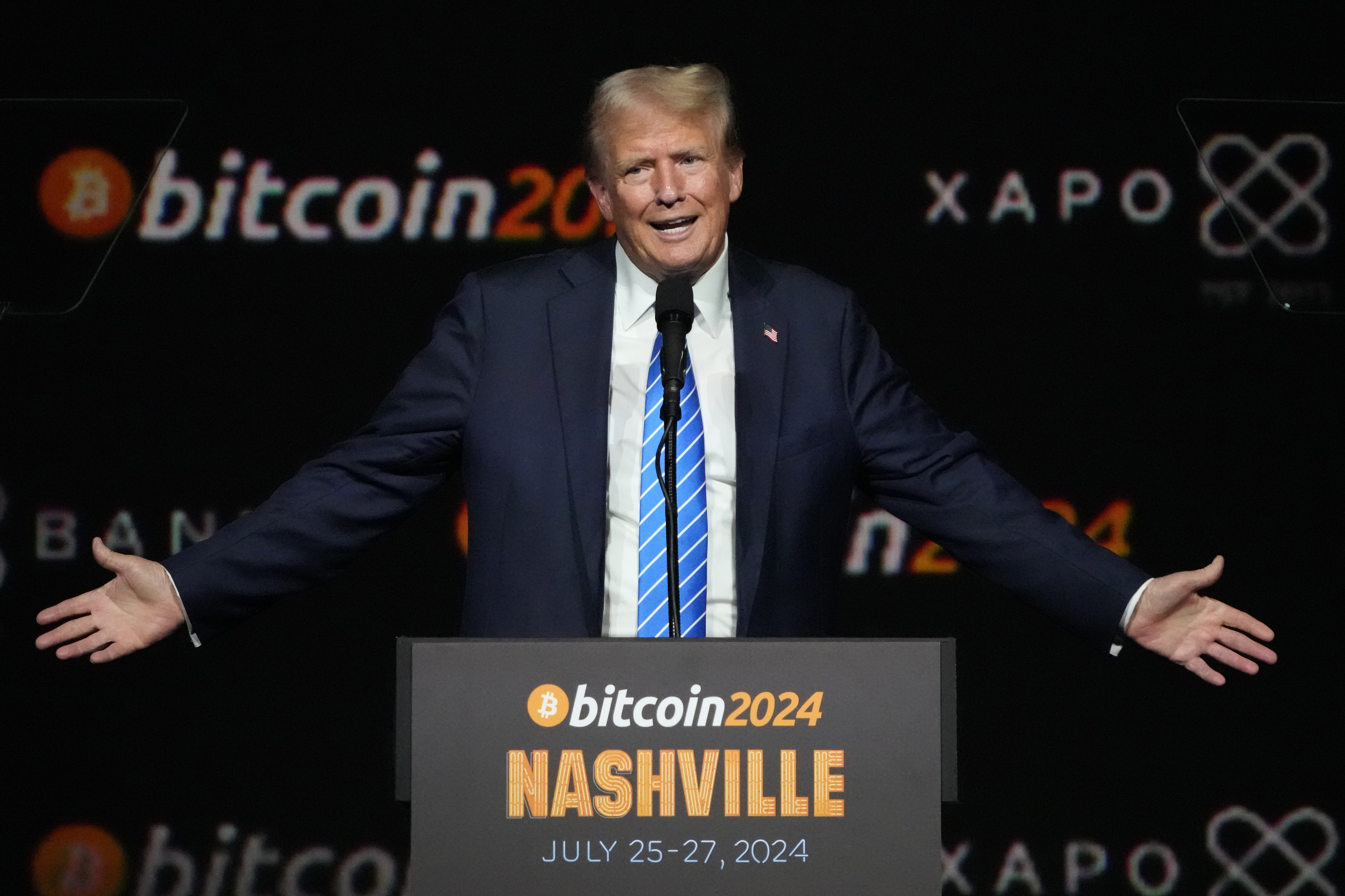 Republican presidential candidate former President Donald Trump speaks at the Bitcoin 2024 Conference, July 27