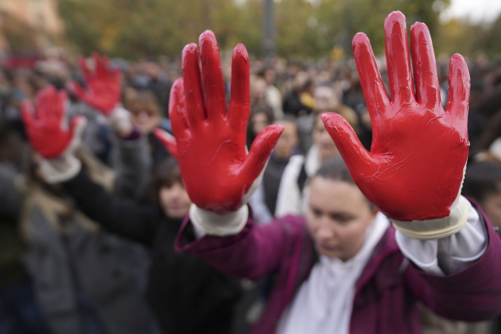 Protesters alleging corruption after the roof of a railway station in Novi Sad collapsed