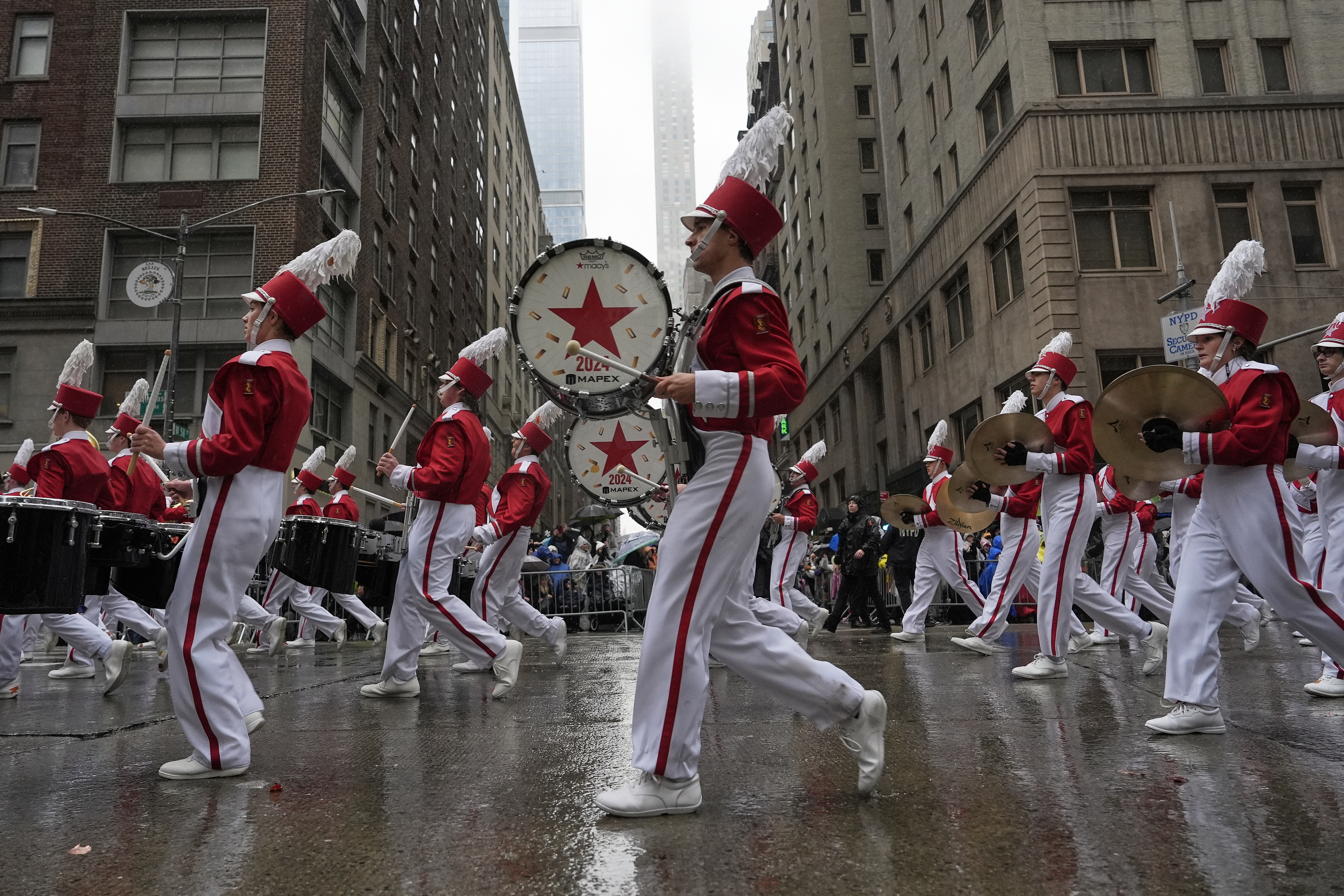 A marching band in the Macy's Thanksgiving Day Parade