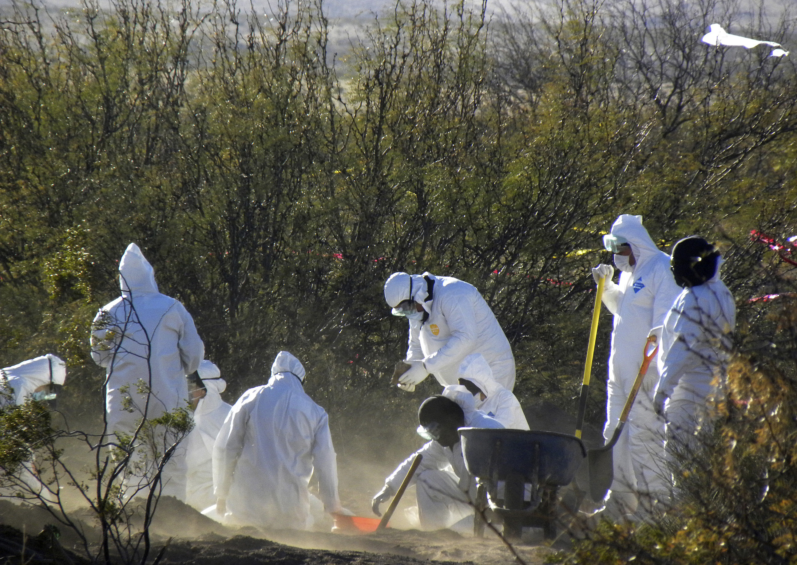 Forensic team members work in a mass grave in northern Mexico