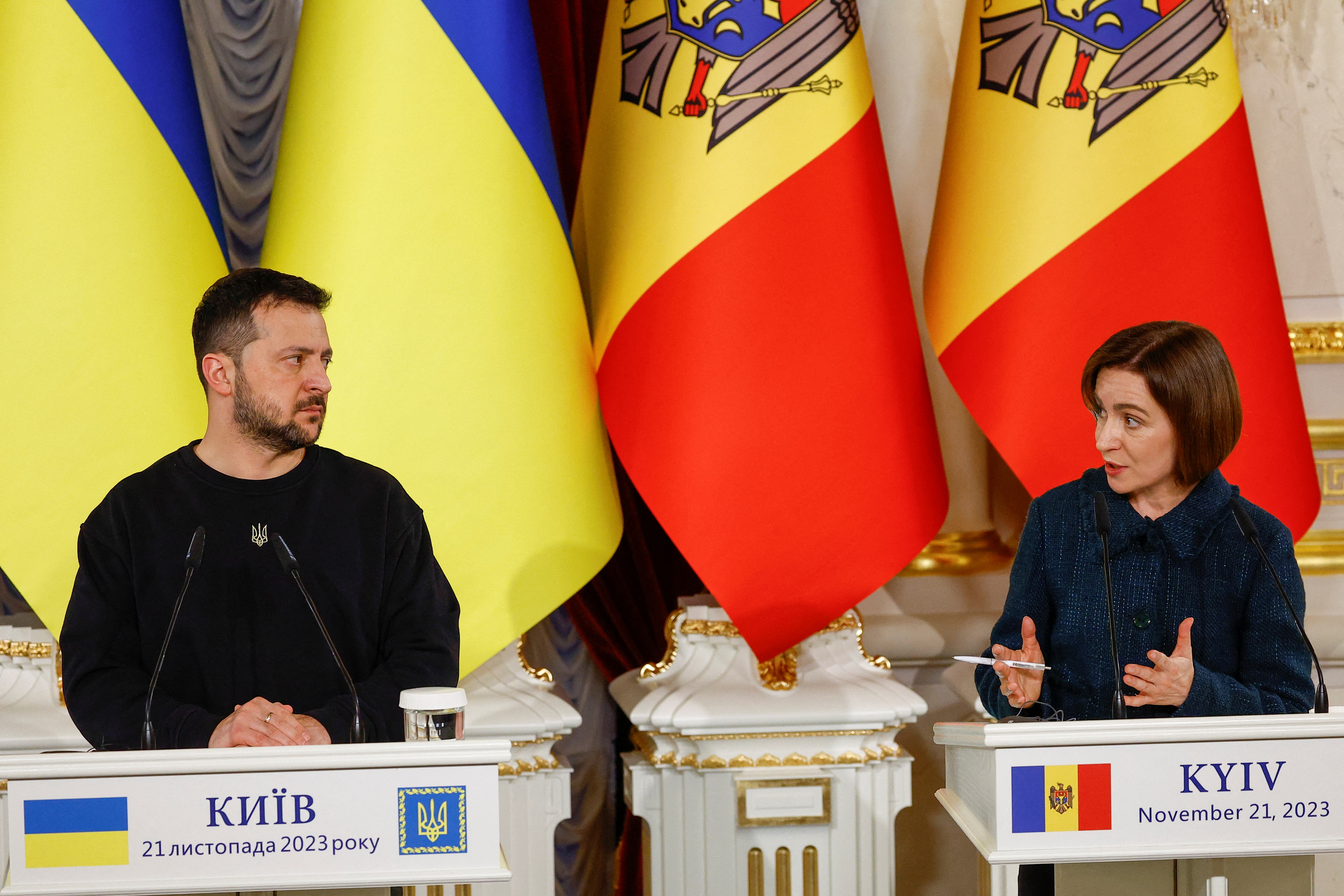 Ukraine's President Volodymyr Zelenskiy and Moldova's President Maia Sandu attend a joint press conference with President of the European Council Charles Michel, amid Russia's attack on Ukraine, in Kyiv, Ukraine November 21, 2023.
